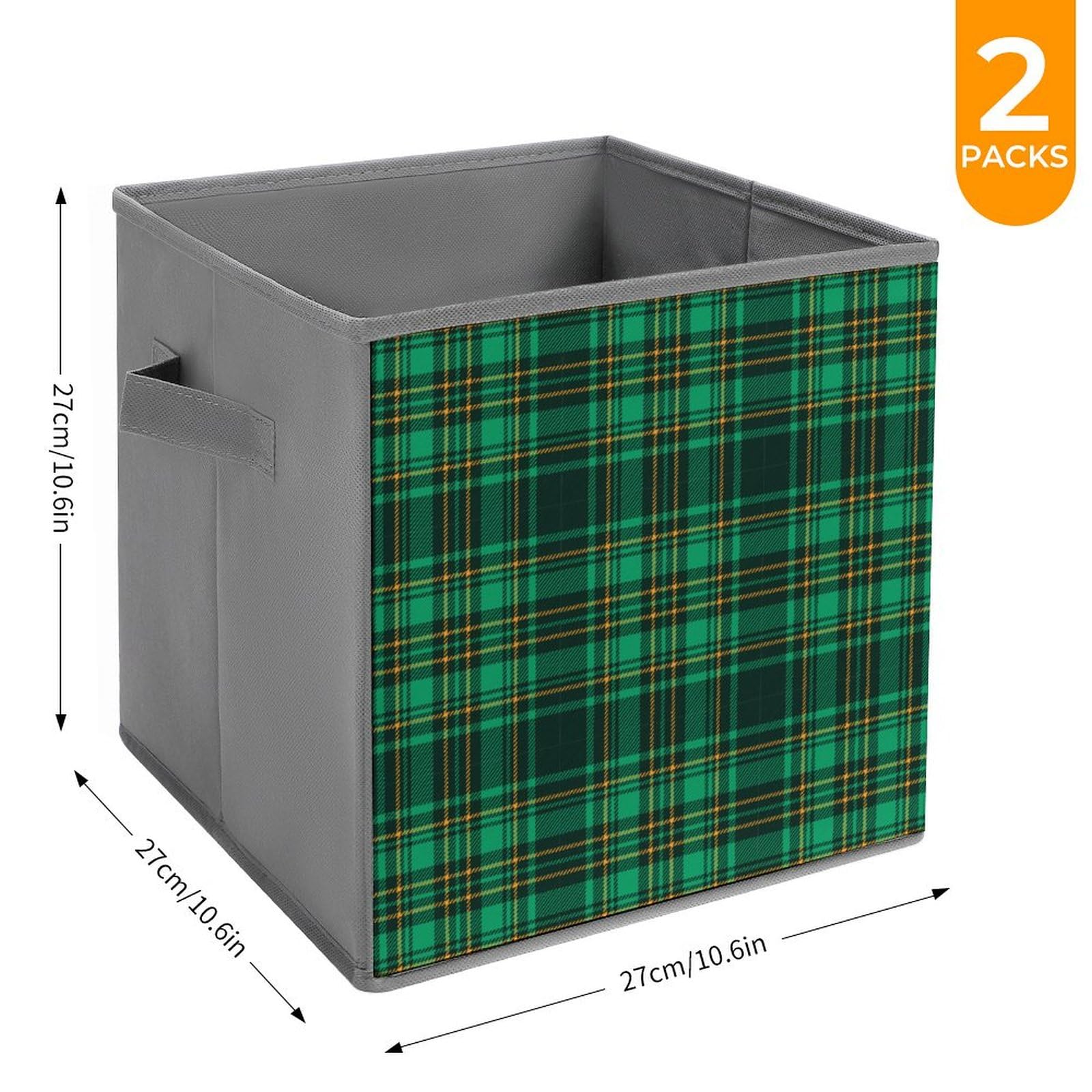 Green Scottish Tartan Plaid Fabric Storage Cubes - Pack of 2 Foldable Organizing Bins with Handles for Closet, Pantry, Shelf, Toy Storage & Home Organization | Perfect for Kids' Rooms, Dorm Rooms & Nursery Organization