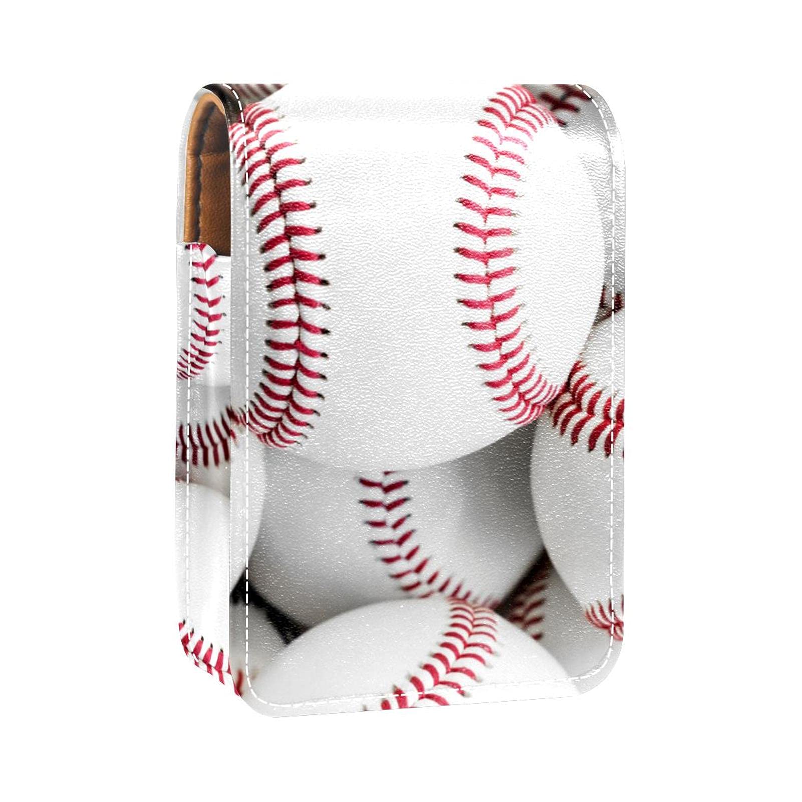 Portable White Leather Lipstick Case with Mirror - Holds 3 Lipsticks, Baseball Design Cosmetic Pouch for Travel & Daily Makeup Storage | Perfect Lip Gloss Organizer for Purse, Gym Bag & On-the-Go Touchups