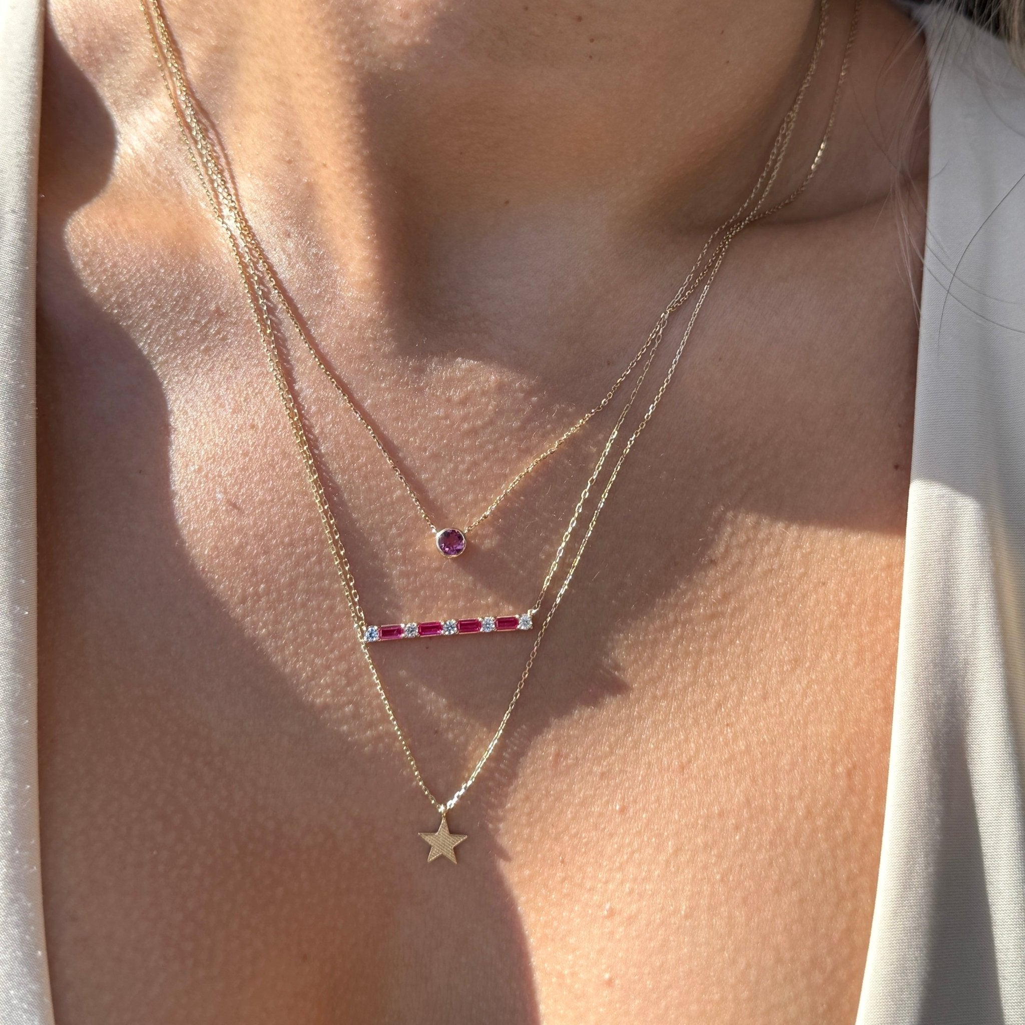 Emerald Cut Ruby and Round White Sapphire Bar Necklace - 10k Solid Yellow Gold Dainty Jewelry for Women, Gift for Her, Anniversary, Birthday, Valentine's Day