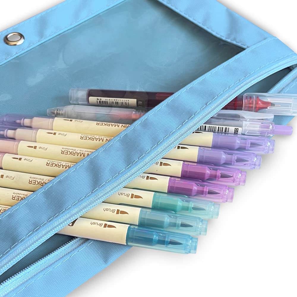 3-Pack Multi-Color Large Capacity Pencil Pouch with Zipper Closure & Clear Window - 3 Ring Binder Pencil Case with Reinforced Grommets (Sky Blue) - Perfect for School, Office & Art Supplies Organization