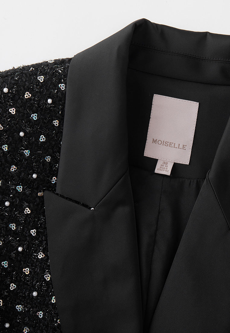 Sparkly Sequin & Pearl Embellished Peak Lapel Blazer Jacket for Women - Elegant Evening Wear for Parties, Weddings & Special Occasions