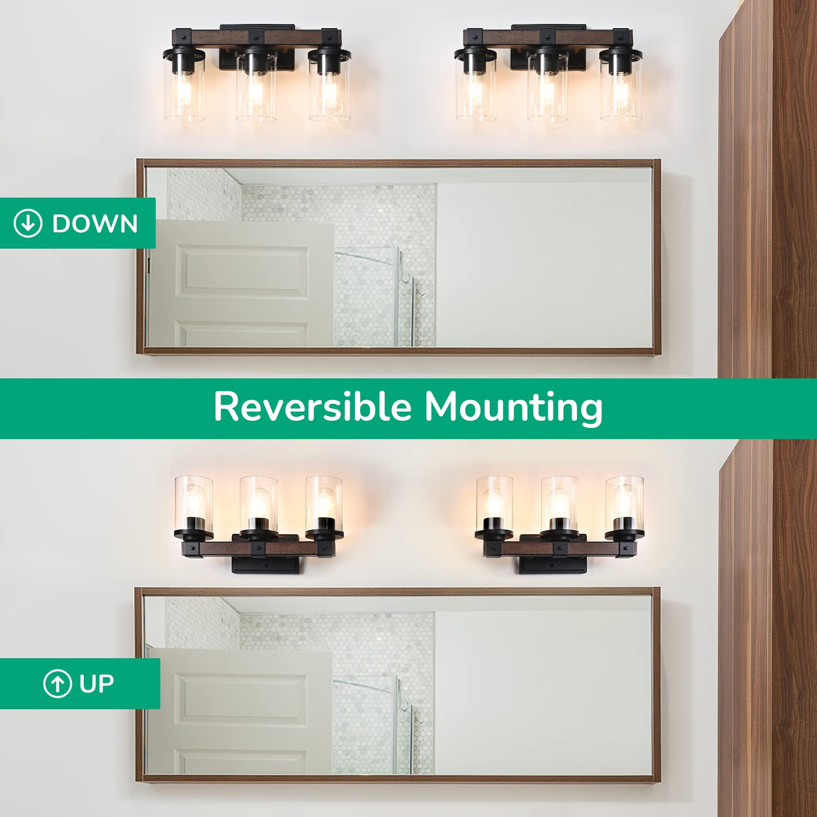 Farmhouse Vanity Lights for Bathroom - 3-Light Wall Sconce with Clear Glass Shades, E26 Base - Perfect for Bathroom Mirror, Vanity Table & Living Room Lighting Decor
