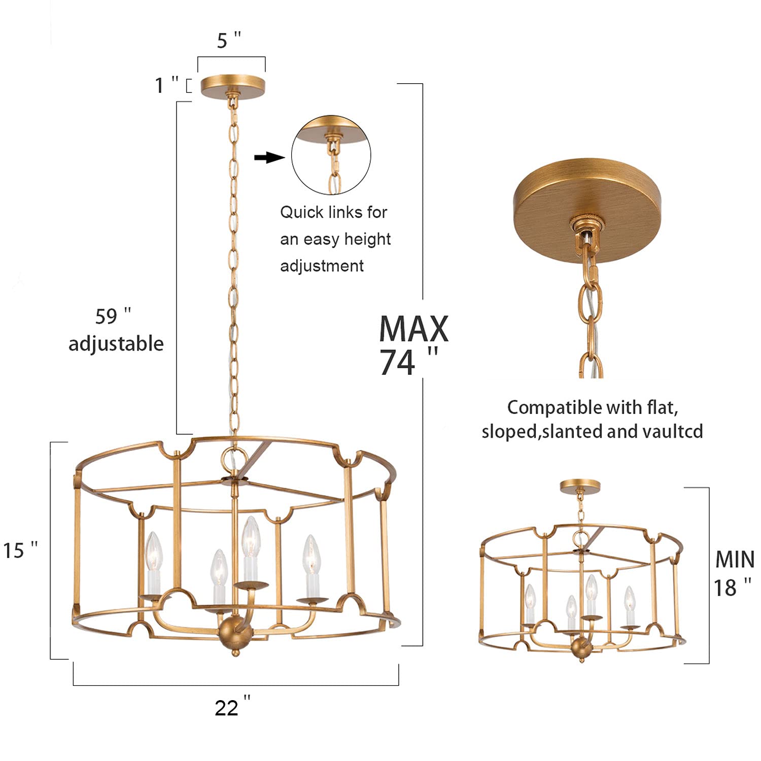 LALUZ Modern Gold Drum Chandelier - 22