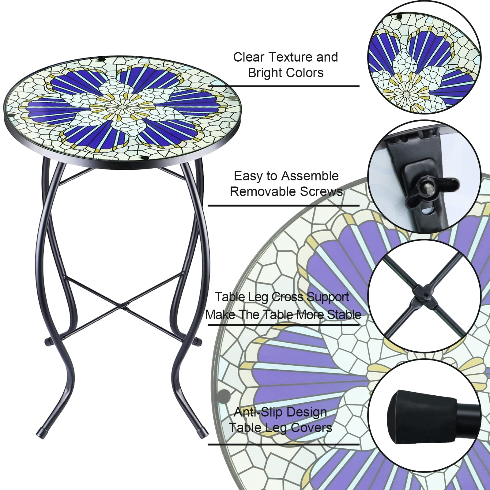 14 Inch Blue Morning Glory Glass Mosaic Outdoor Side Table - Round Patio Coffee Table for Living Room, Balcony, Garden | Perfect for Tea Time, Reading Nook & Small Space Decor