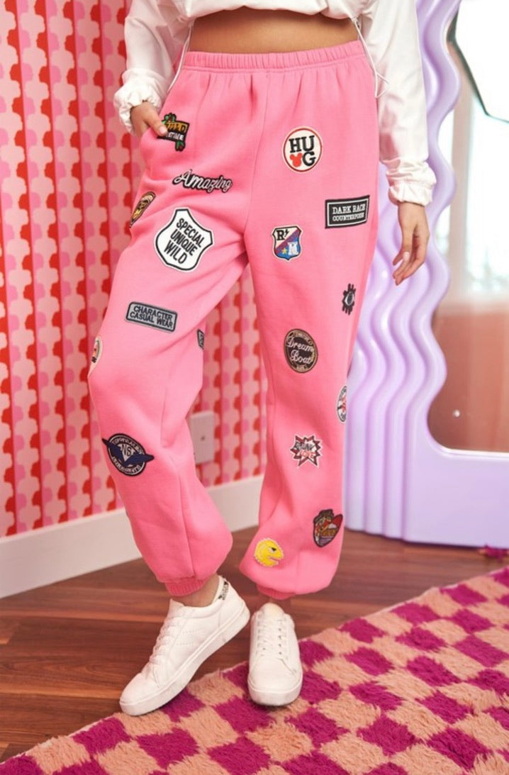 High Waisted Multi Patches Sweatpants for Women - Trendy Pink Joggers with Stylish Embroidered Details | Perfect for Casual Wear, Gym, and Lounge Outfits