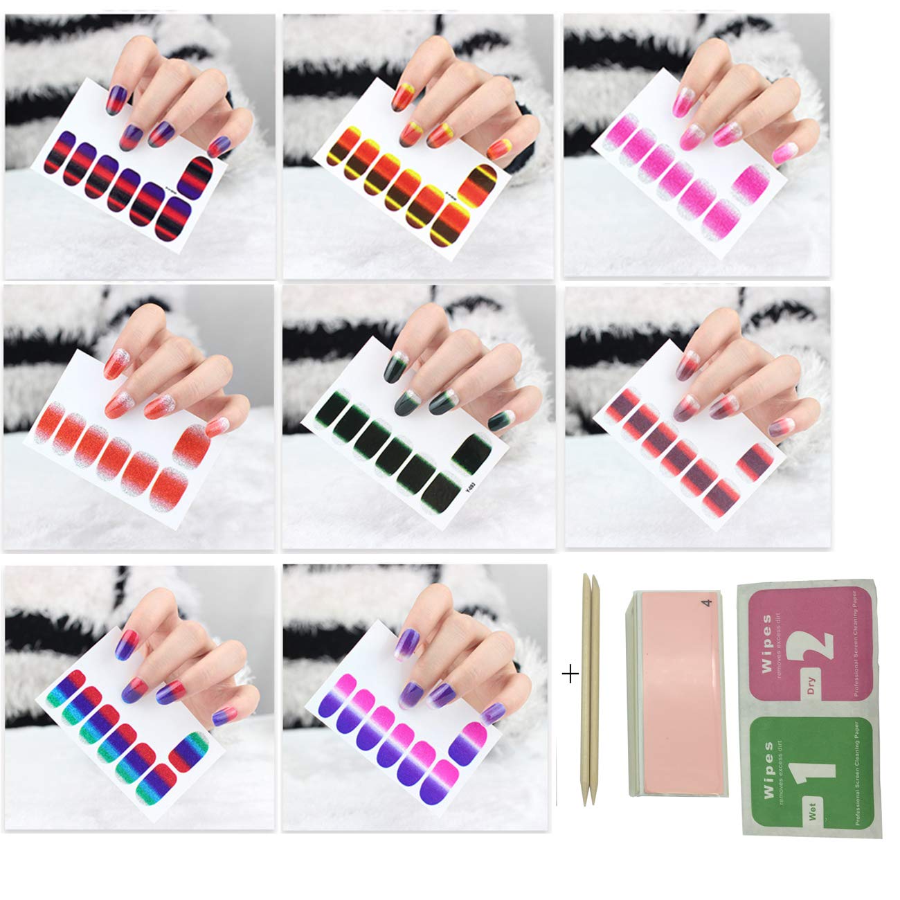 Vibrant Multi-Color Waterproof Nail Stickers - Reusable Nail Art Decals with Nail File & Cleaning Wipes | Perfect for DIY Manicures, Home Nail Salons & Party Nail Designs