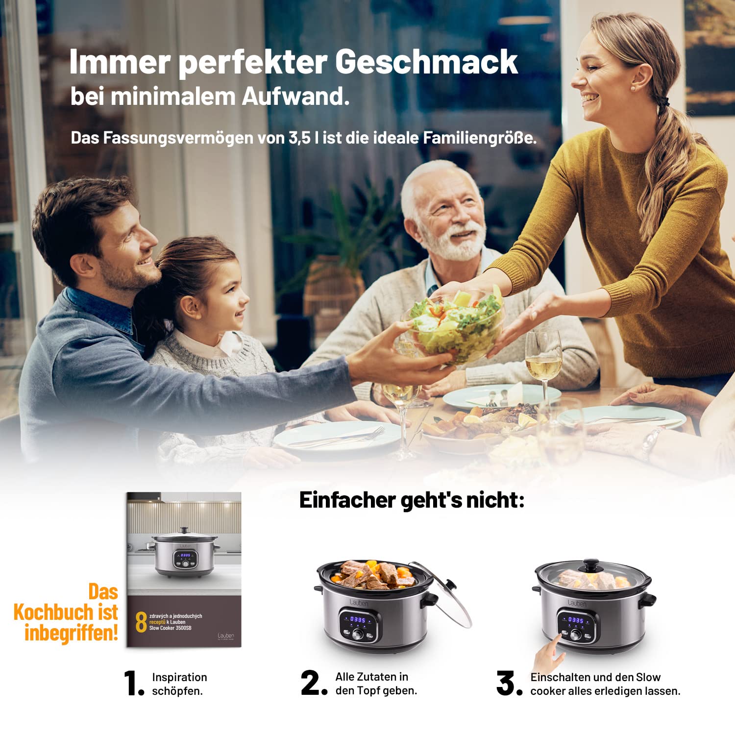 Lauben Slow Cooker 3500SB - 3.5L Ceramic Pot with Thermeffect® & SlowHeat® Technology, 2 Temperature Settings, Manual Timer, Includes Recipe Book - Perfect for Soups, Stews & Family Meals