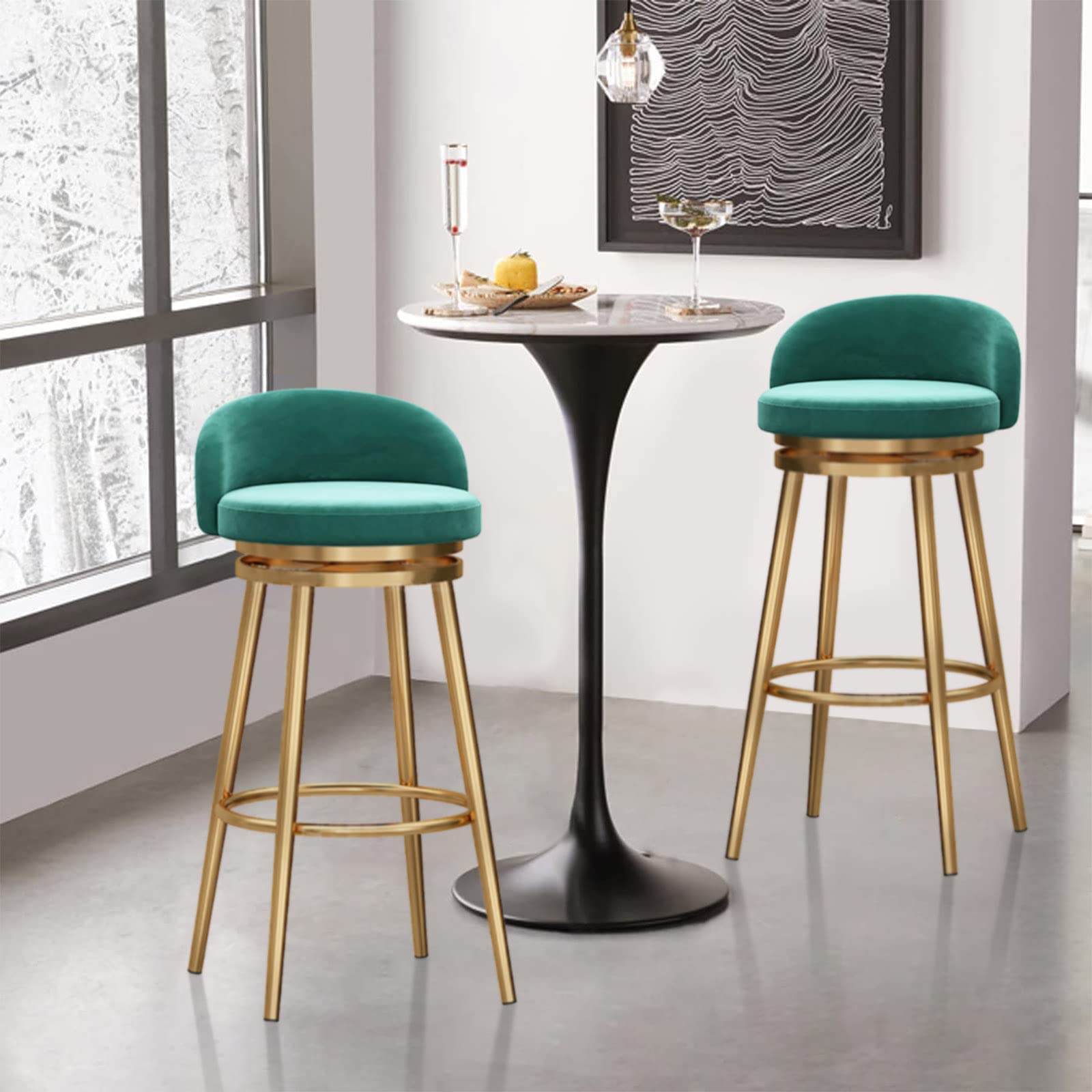Swivel Bar Stools Set of 3 - Velvet Kitchen Island Chairs with Gold Metal Footrest, 150kg Weight Capacity - Perfect for Kitchen Counter, Breakfast Bar & Home Decor