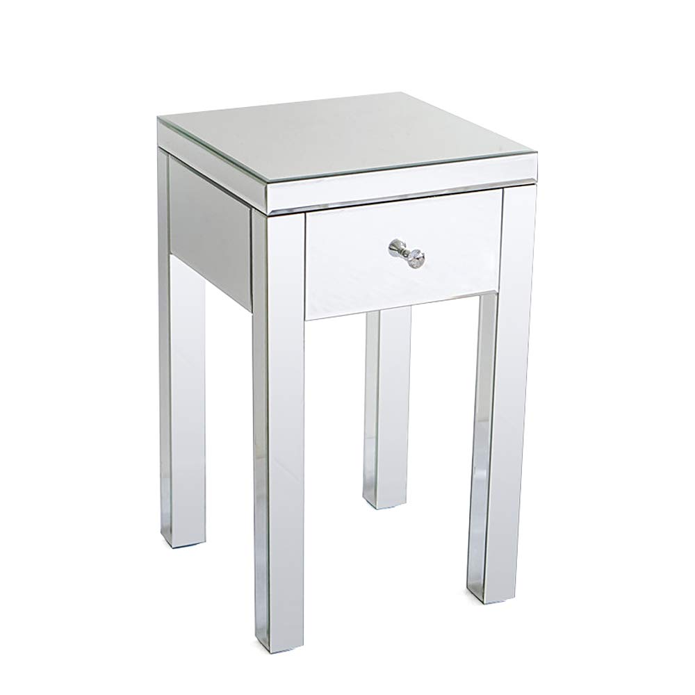 Goujxcy Modern Mirrored End Table with Drawer - Silver Finish Accent Nightstand for Bedroom, Living Room & Office | Stylish Bedside Table with Storage Space