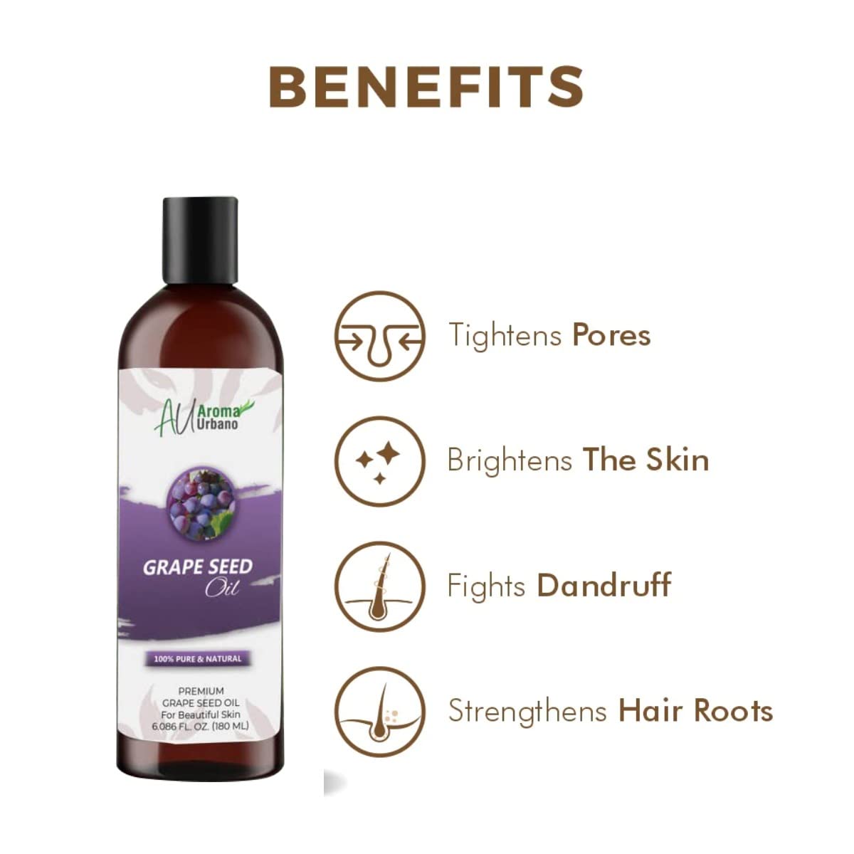 Aroma Urbano Grapeseed Oil - 180ml Natural Hair Oil for Shine & Moisture, Skin Care Treatment for Dry Skin | Use for Hair Mask, Body Moisturizer & Massage Oil