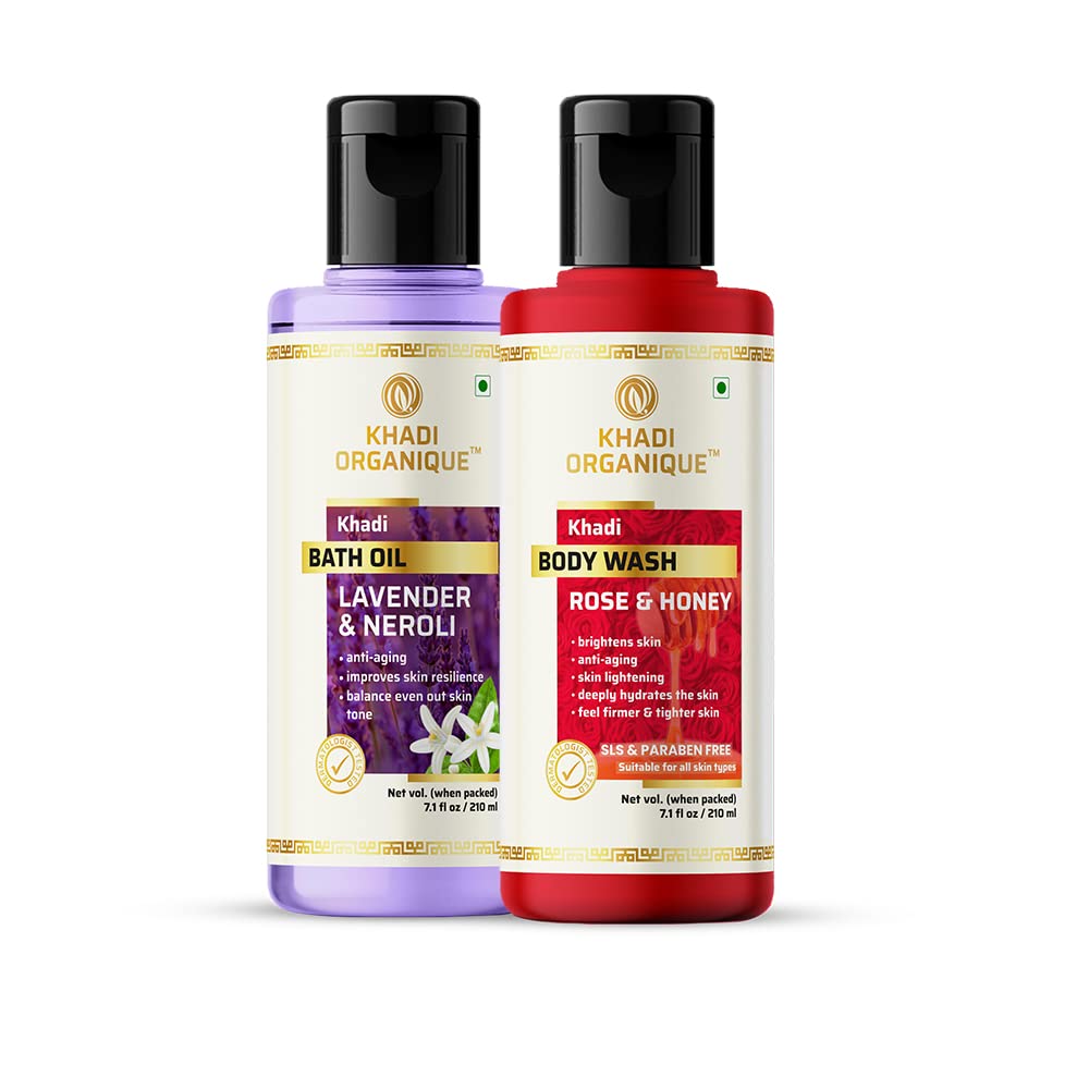 Khadi Organique Lavender & Neroli Bath Oil with Rose & Honey Body Wash Set - Organic Body Care Combo for Relaxing Bath & Moisturizing Skin Care - Perfect for Spa Nights & Self-Care Rituals