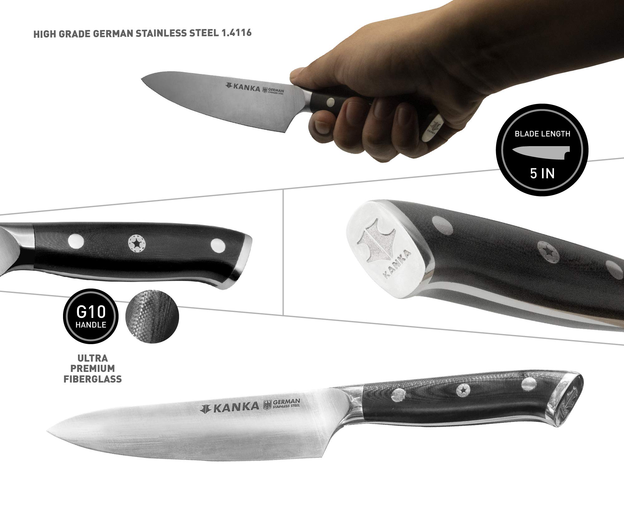 KANKA 5-Inch Utility Kitchen Knife - Professional German Stainless Steel Blade with Premium Fiberglass Handle, Razor Sharp 4oz - Perfect for Slicing, Dicing & Food Prep