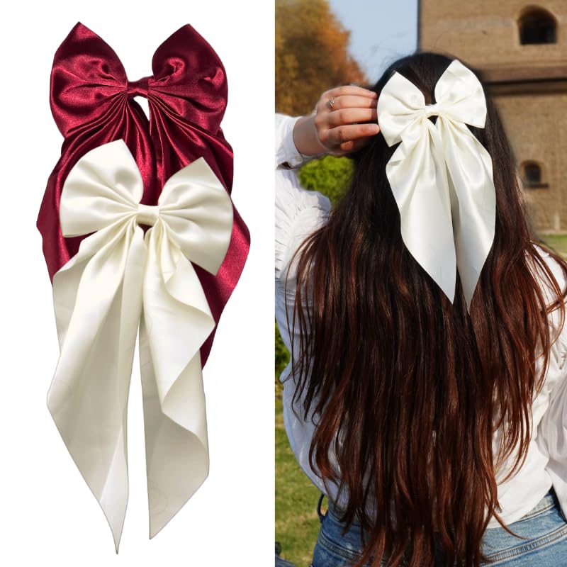 Chictresses® 2 Pack Hair Bows for Women & Girls - Luxury Satin Hair Clips in Off White & Red - Cute Hair Accessories for Parties, Weddings & Daily Wear