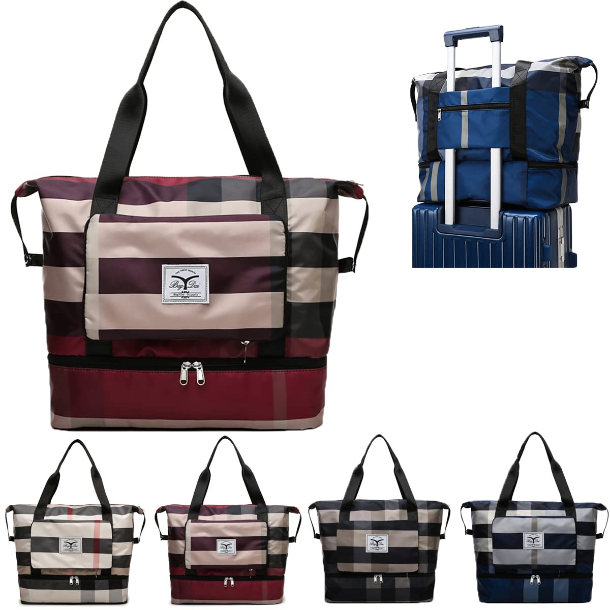 Waterproof Foldable Travel Duffel Bag with Dry/Wet Separation - Large Capacity Lightweight Luggage for Gym, Beach & Weekend Trips (Claret)