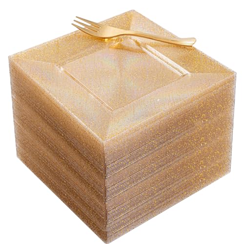100pcs Gold Glitter Square Dessert Plates with Gold Dessert Forks