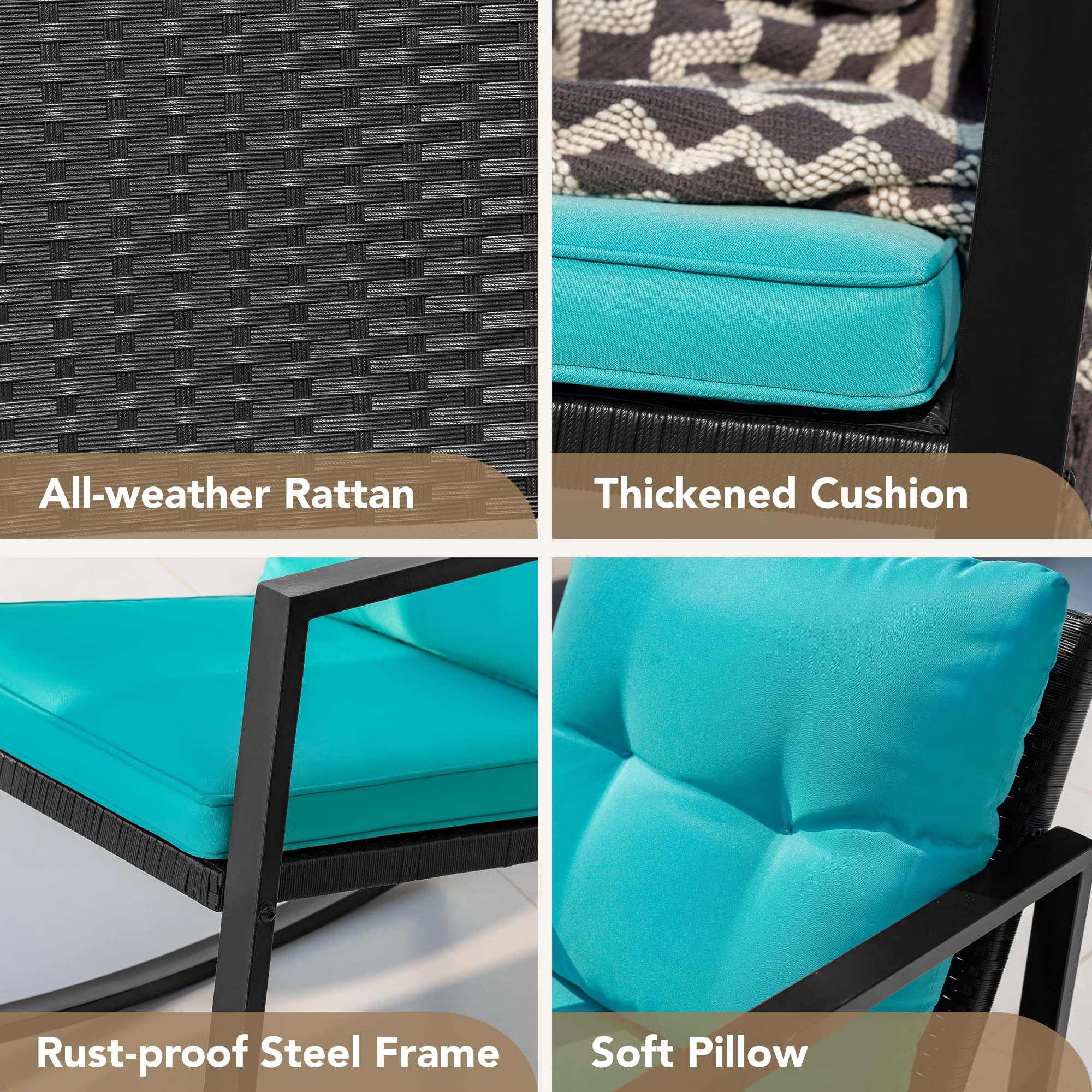 Devoko 3-Piece Wicker Patio Furniture Set - Outdoor Rocking Bistro Chairs with Glass Coffee Table for Porch, Garden & Backyard (Blue) | Perfect for Relaxing, Entertaining & Outdoor Dining