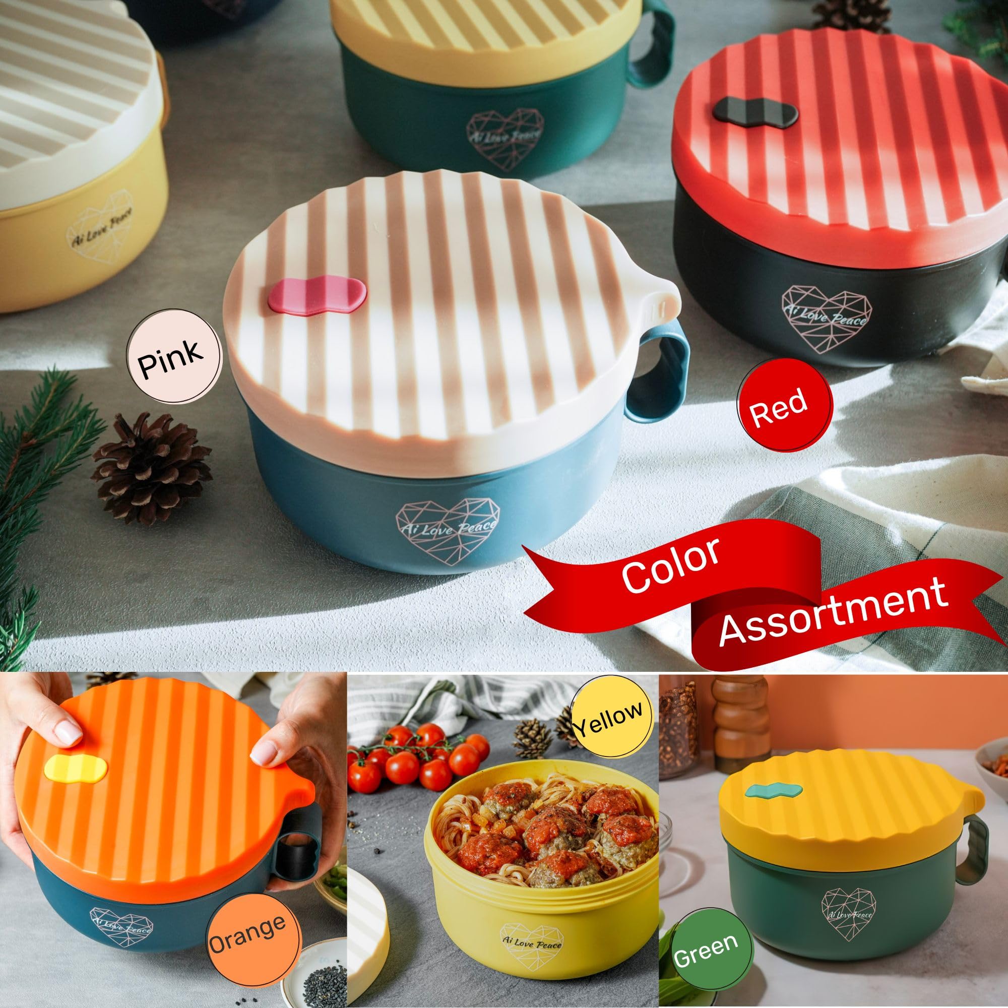 AI LOVE PEACE 40oz Large Microwave Ramen Bowl with Lid - BPA-Free Noodle Cooker for Home, Office & Dorm - Perfect for Instant Ramen, Soup, Pasta & College Gifts (Portable & Microwavable)