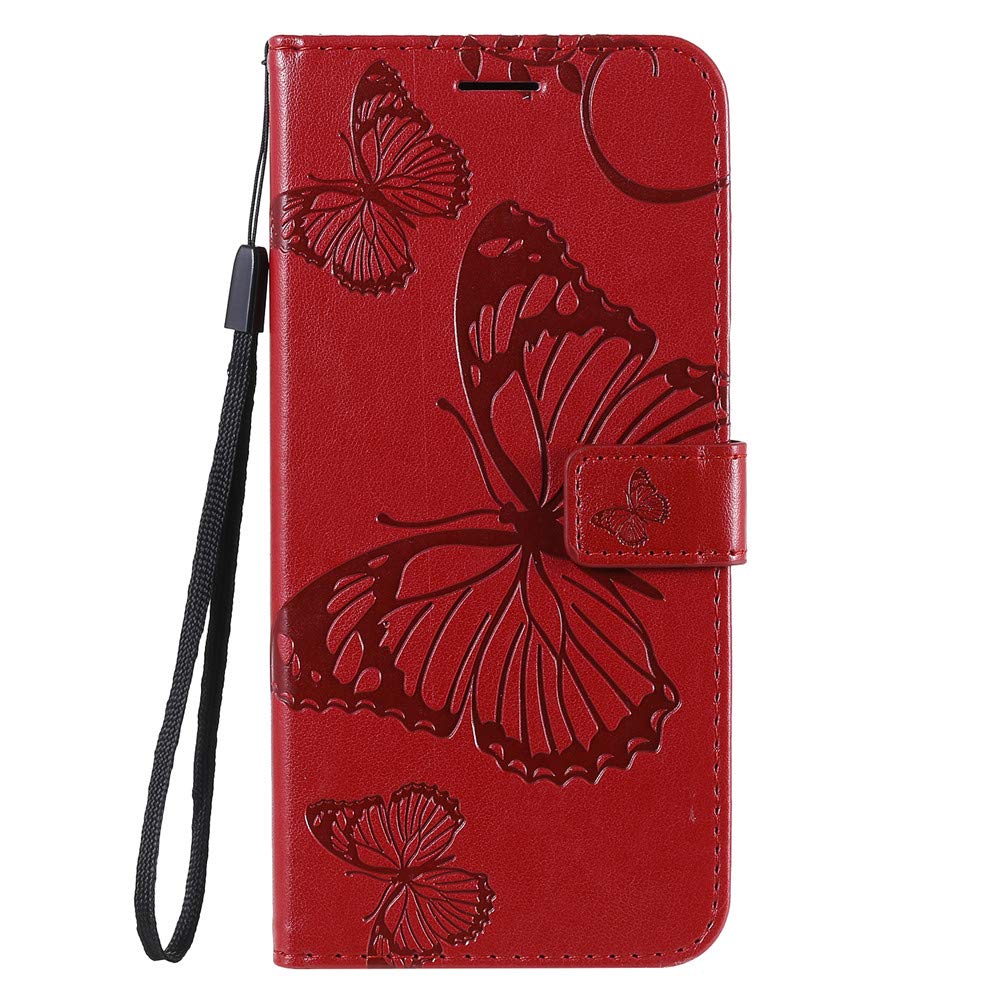Samsung Galaxy A21S Case - Butterfly Embossed Magnetic Clasp Wallet Cover with Hand Strap | Slim Protective Phone Case for Women | Perfect for Daily Use, Travel & Work (Red)