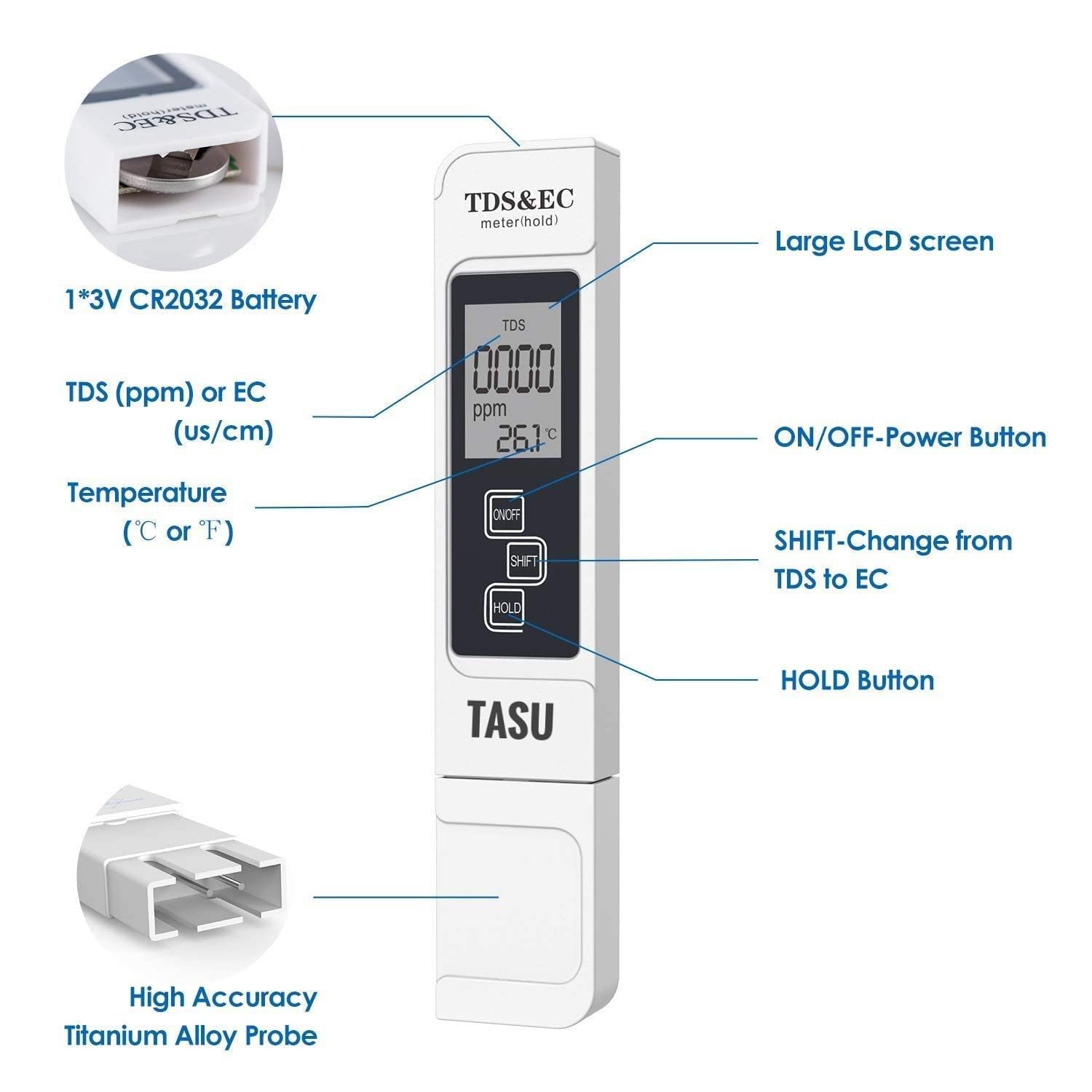 TASU Digital Water Tester - Professional 3-in-1 TDS, Temperature & EC Meter (0-9999ppm) with Carrying Case | Accurate PPM Meter for Drinking Water, Aquariums, Hydroponics, Pools & Home Water Quality Testing