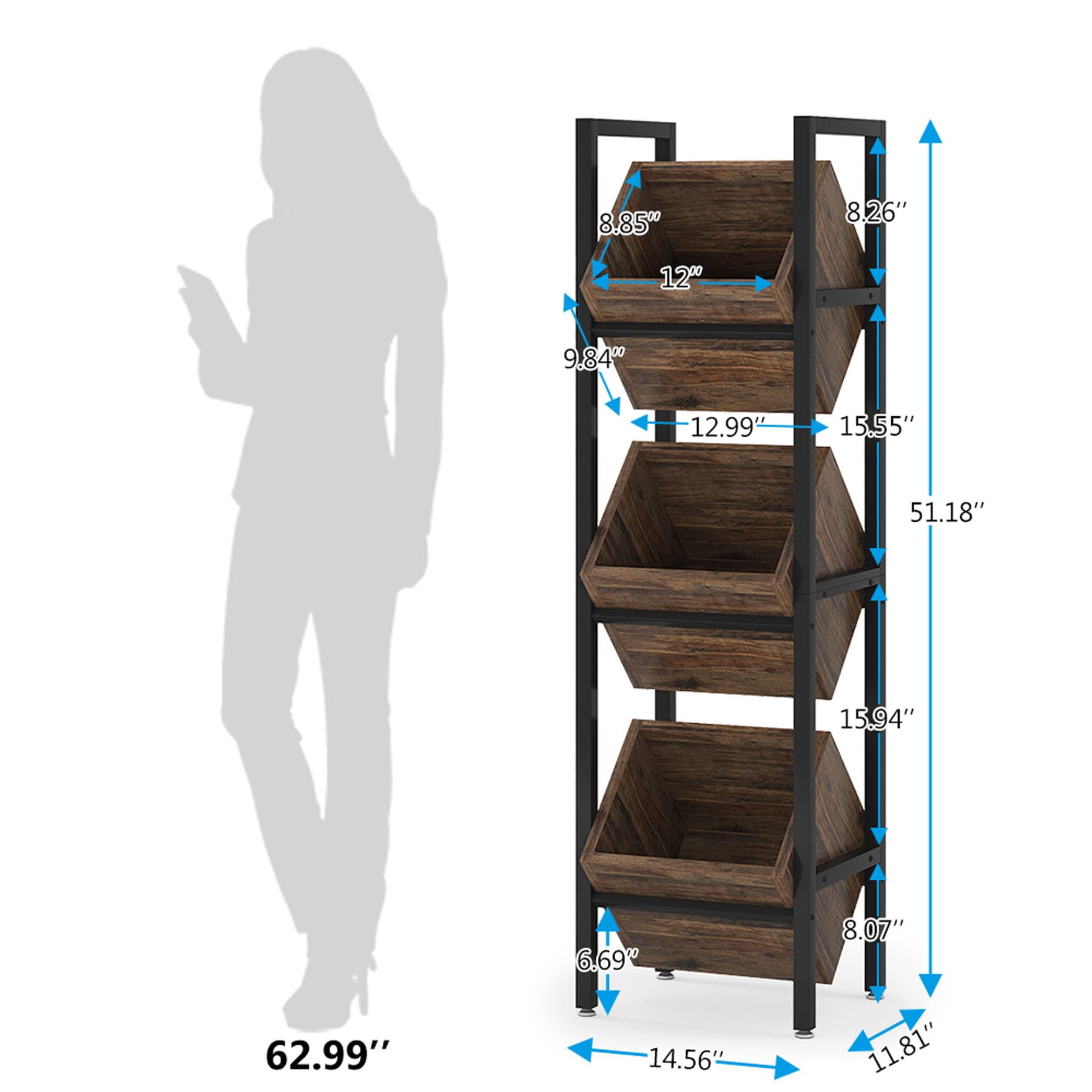 Tribesigns 3-Tier Wooden Basket Stand - Rustic Vertical Storage Organizer with Baskets for Kitchen, Bathroom, Living Room - Perfect for Fruit, Snacks, Towels & Home Organization