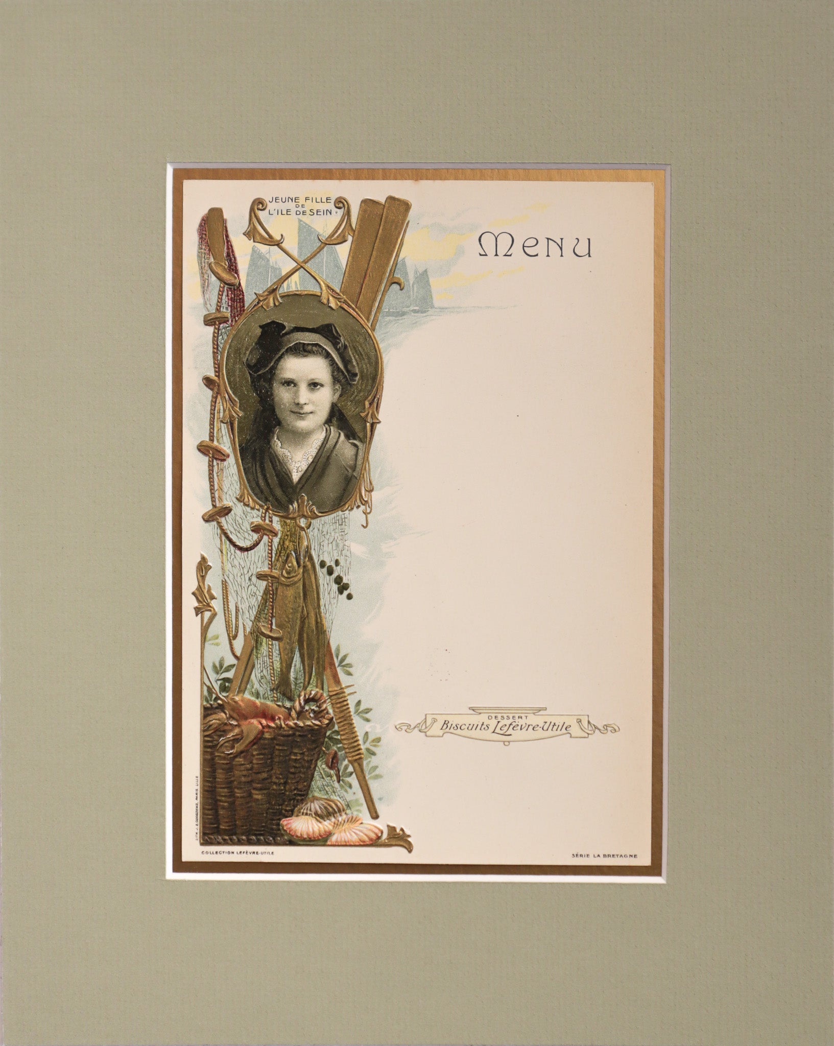 1900 Original French Advertising Menu (Jeune Fille Bretonne de L'ile de Sein) Matted - Vintage Breton Girl Poster - Perfect for Home Decor, Office Wall Art & Gift for Collectors