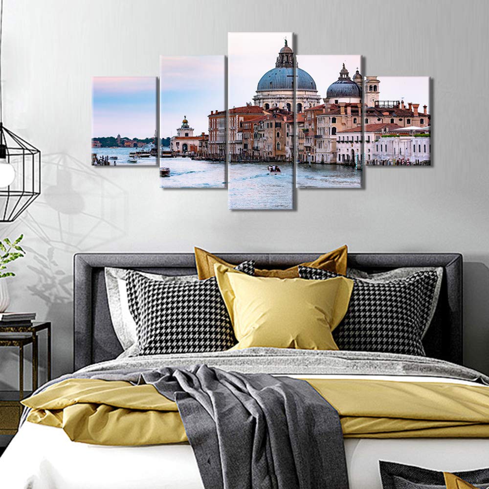 5-Piece Venice Italy Sunset Landscape Wall Art - Basilica & Canal Pictures for Bedroom, Living Room, Dining Room Decor - Stretched Canvas with Wooden Frame Ready to Hang (60