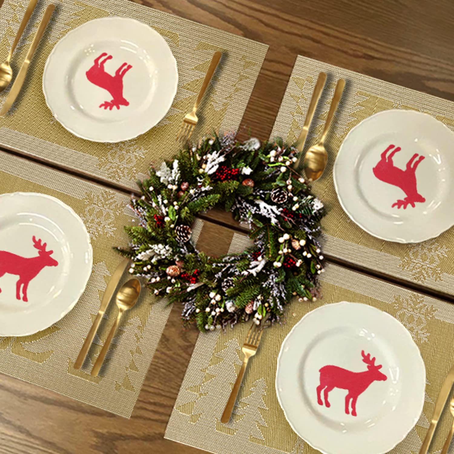6-Piece Christmas Reindeer & Gold Woven Vinyl Non-Slip Placemats Set - Washable, Anti-Skid Table Mats for Kitchen Dining, Holiday Decor & Festive Gatherings