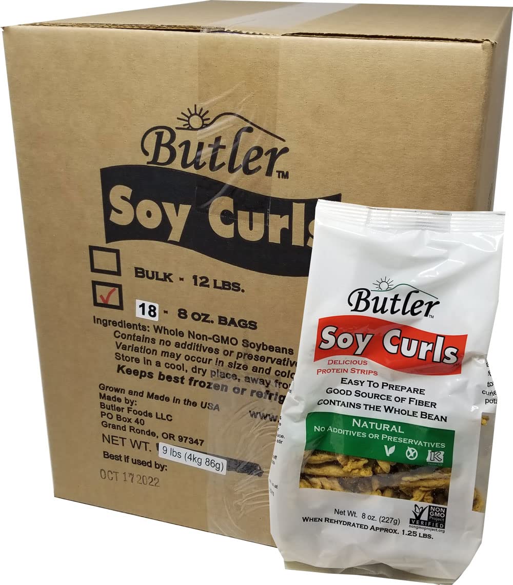 Organic Soy Curls - Butler Foods Non-GMO Vegan Protein, 8 oz Bags (Pack of 18) | Plant-Based Meat Alternative for Stir Fry, Salad, Soup & Meal Prep