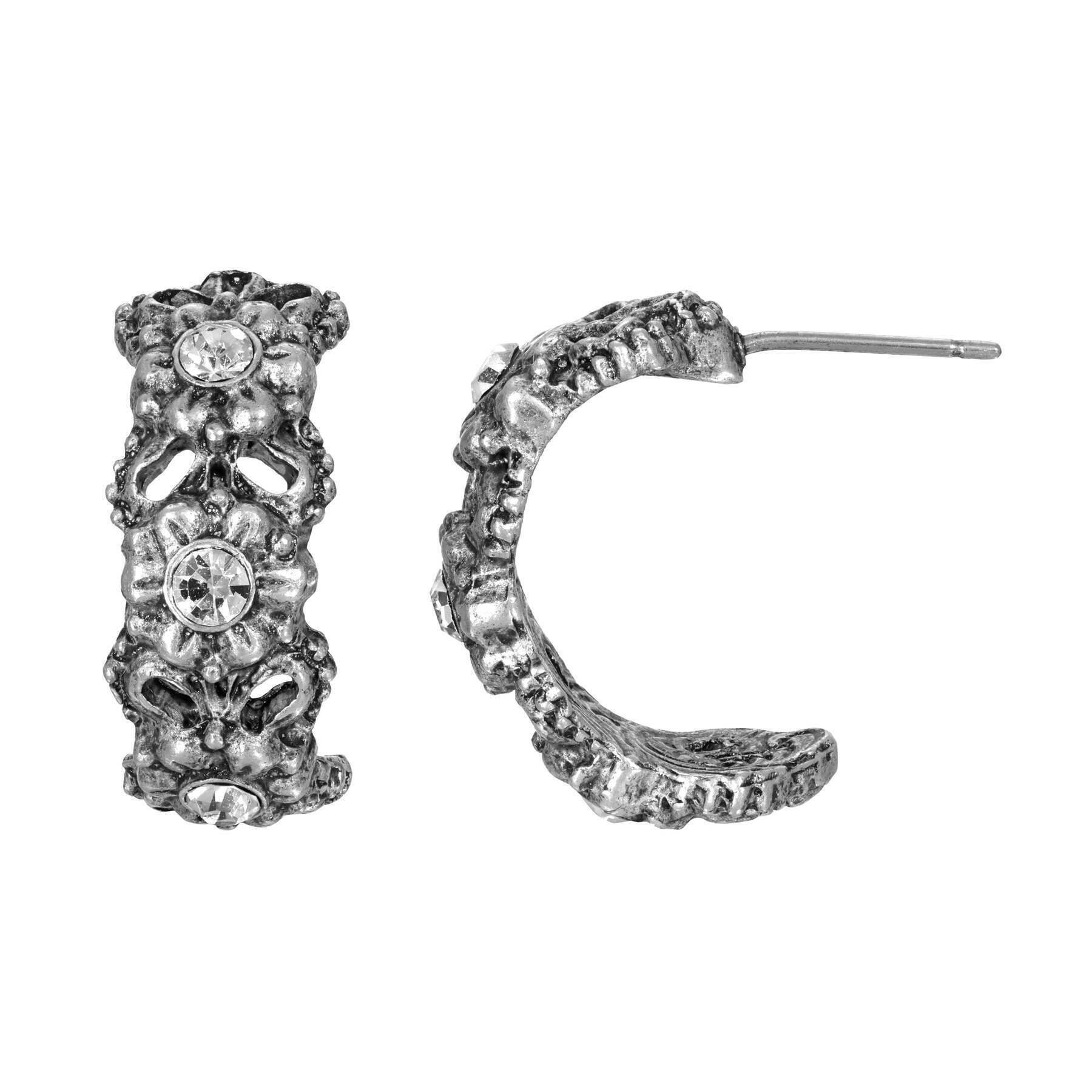 Vintage 1928 Antiqued Half Hoop Flower Crystal Earrings - Elegant Dangle Earrings for Women, Perfect for Weddings, Parties & Special Occasions