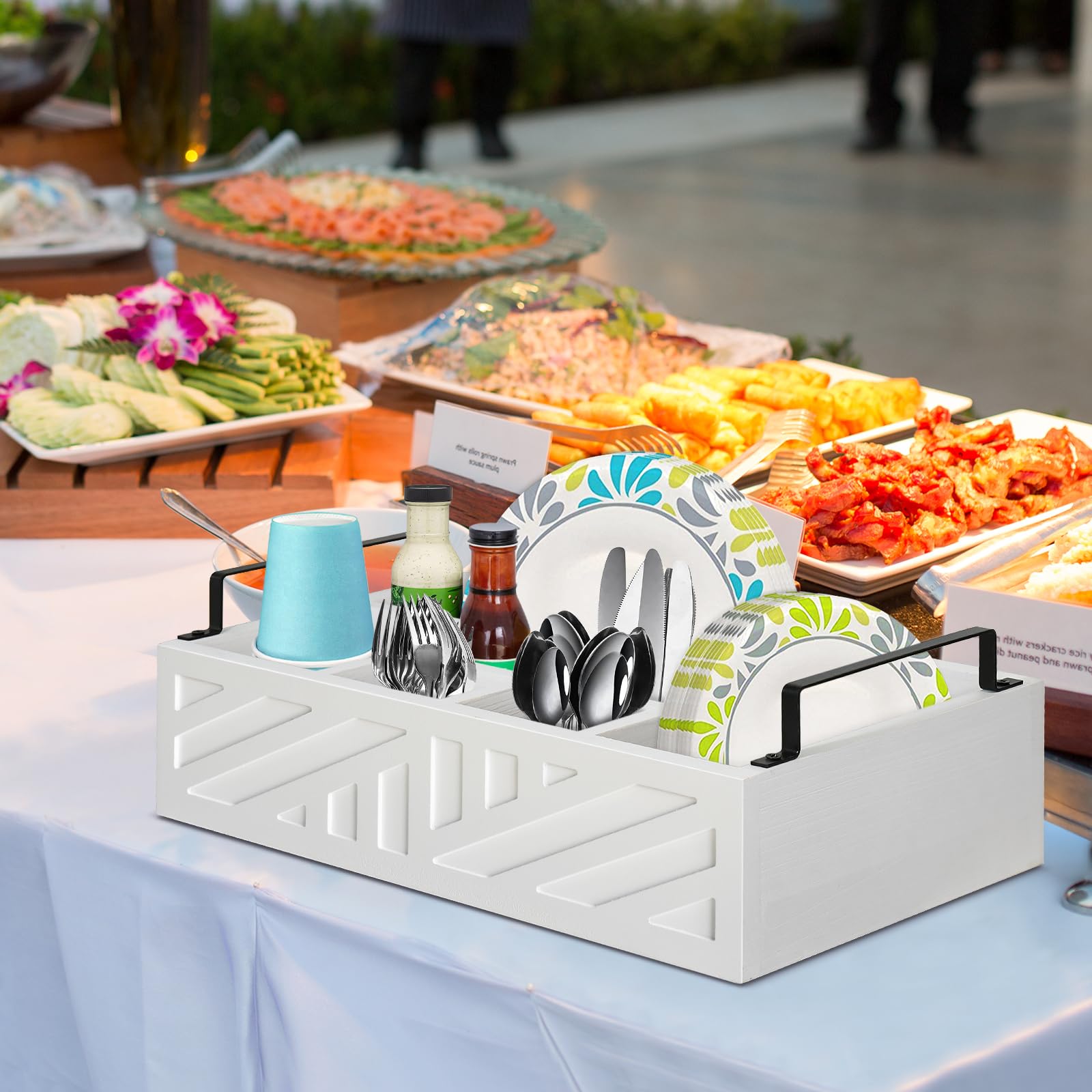 Ameuphercy Wooden Paper Plate Holder & Utensil Caddy - Countertop Organizer for Disposable Plates, Cups, Spoons & Forks - Kitchen & Party Serving Essential (White Carving Design) - Perfect for Buffets, BBQs, Picnics & Family Gatherings