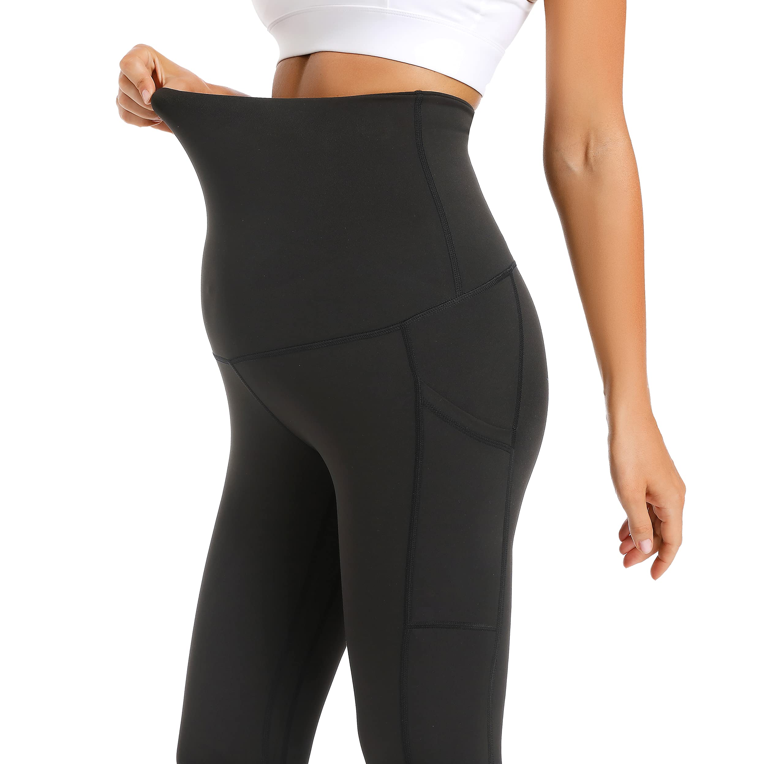 V VOCNI Maternity Fleece Lined Leggings with Pockets - Over The Belly Yoga Pants for Pregnant Women - Thermal Winter Workout Leggings - Perfect for Yoga, Gym & Everyday Comfort
