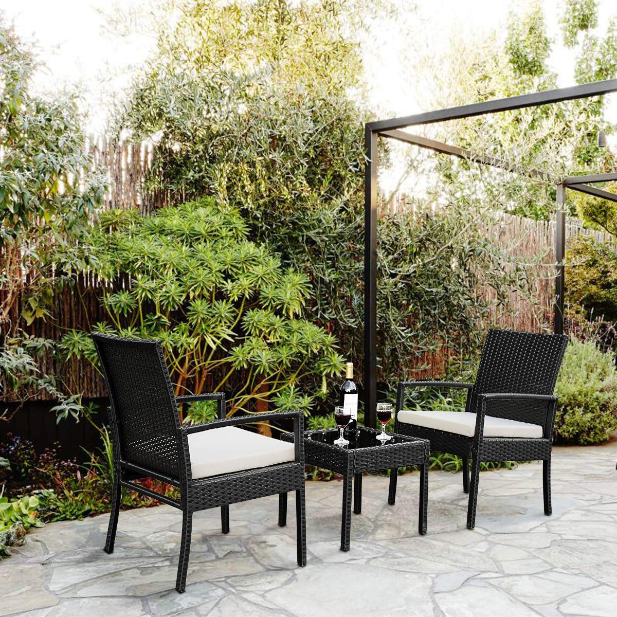 Casart 3-Piece Rattan Conversation Set - Outdoor Wicker Patio Furniture with Cushioned Seats & Tempered Glass Table - Perfect for Bistro, Garden, Backyard, Poolside & Patio Relaxation