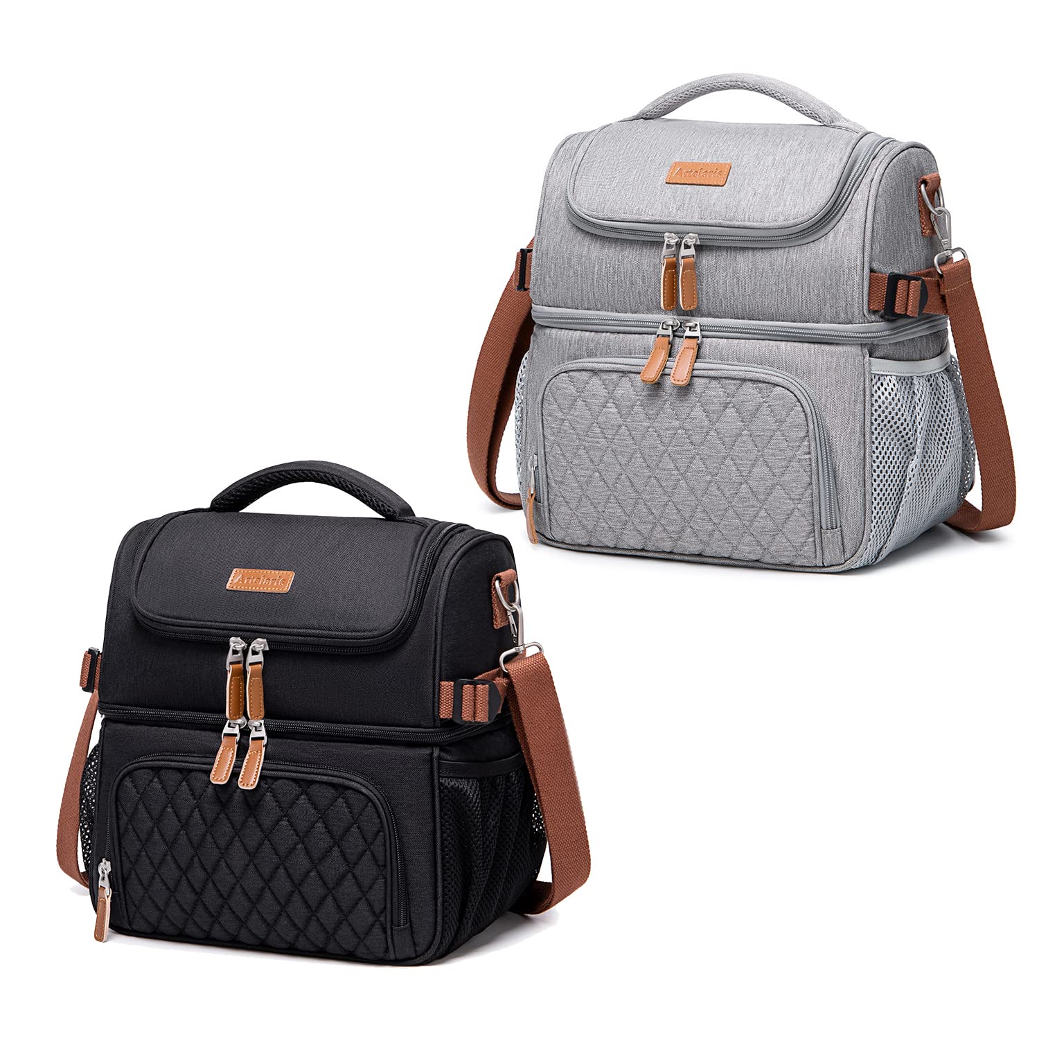 Artelaris Large Insulated Lunch Bag for Men & Women - Leak Proof Double Compartment Cooler Tote for Work, School & Picnics - Black & Grey Lunch Box with Dual Deck Design
