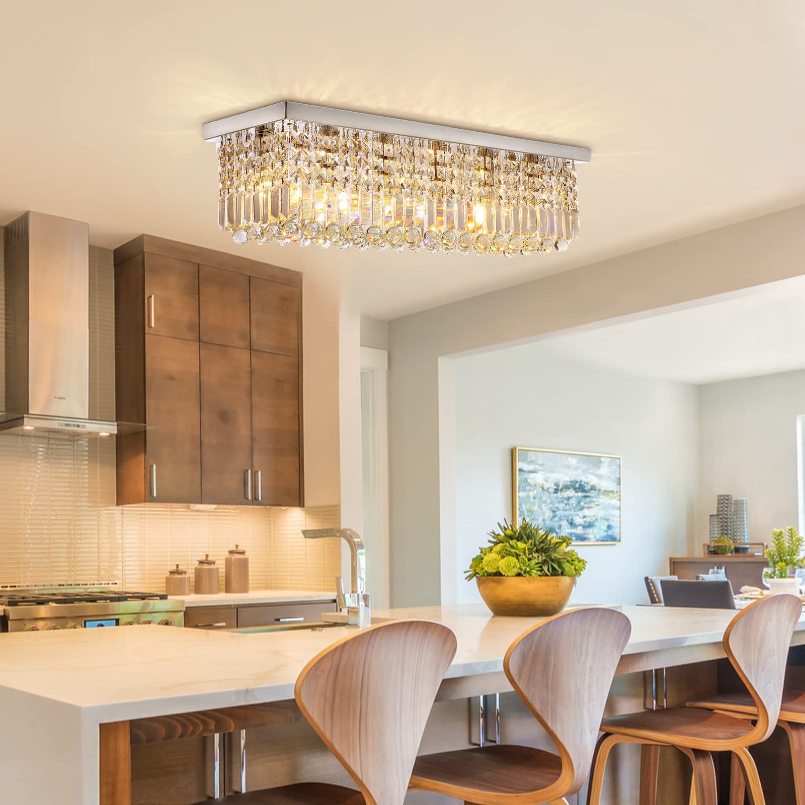 Siljoy Modern 6-Light Rectangular Crystal Chandelier - K9 Crystal Raindrop Flush Mount Ceiling Light Fixture (31.5