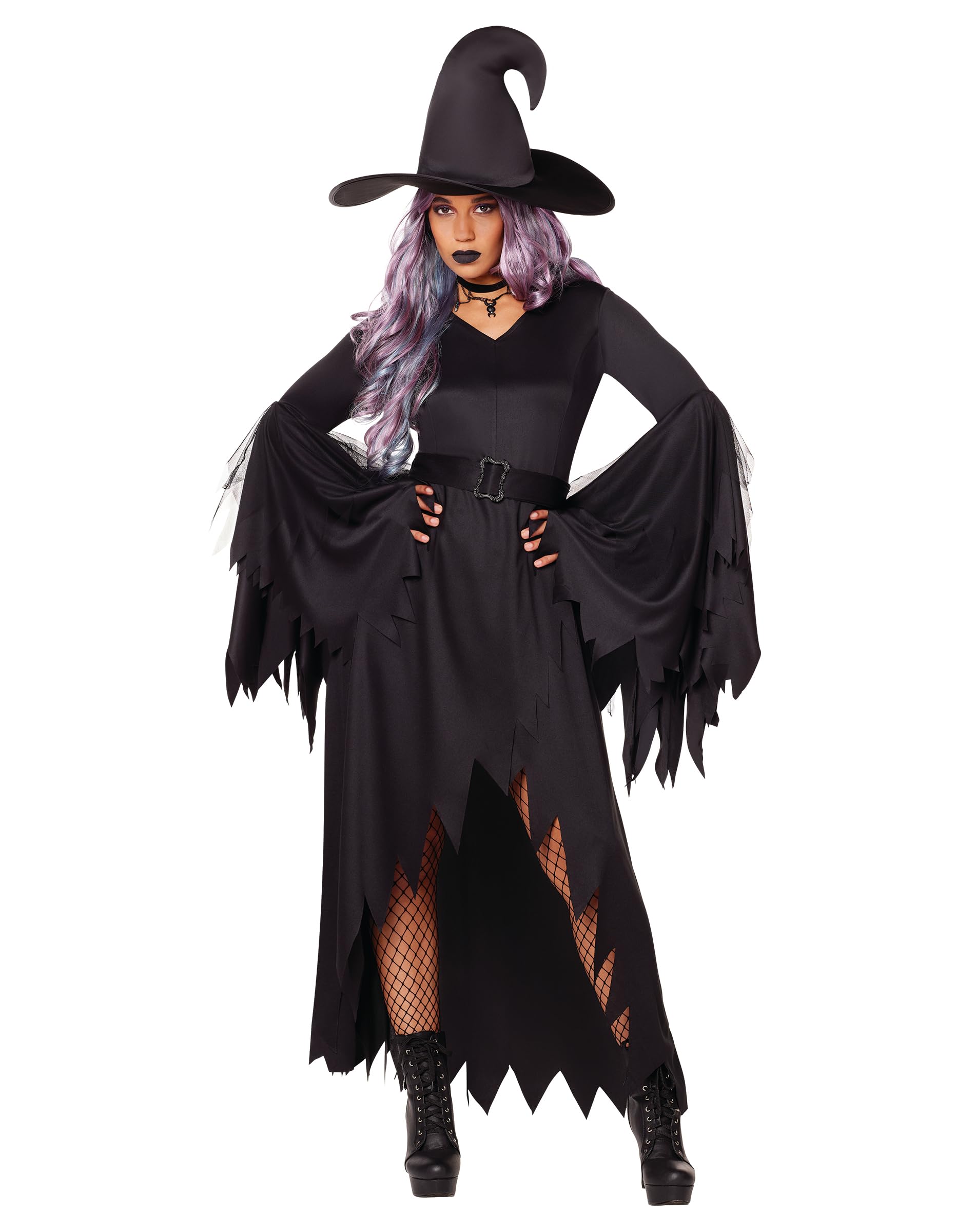 Gothic Witch Costume for Adults | Black High-Low Frayed Gown for Halloween Parties