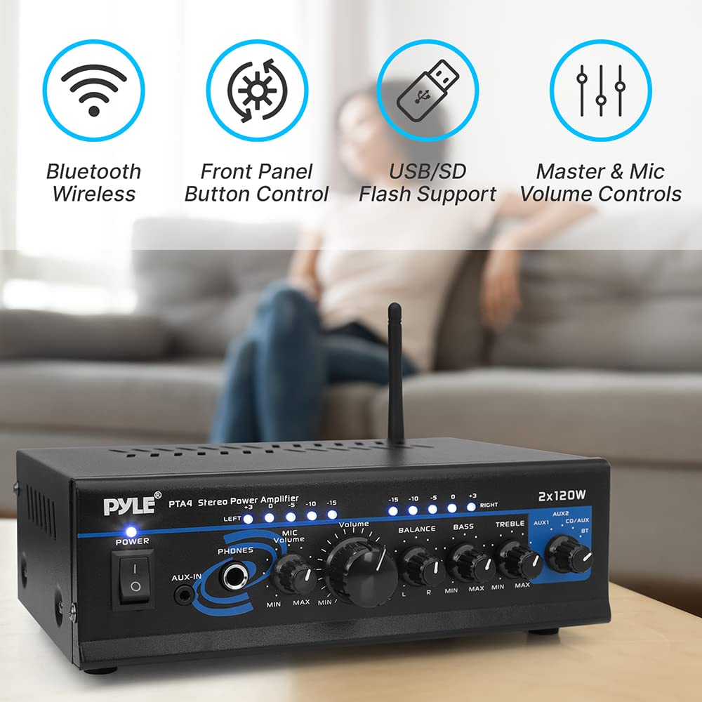Pyle 2 Channel Wireless Microphone System with Headset & Lavalier Mics - 2X120W Bluetooth Stereo Power Amplifier with Mixing Modes for Karaoke, Home Theater & Live Performances