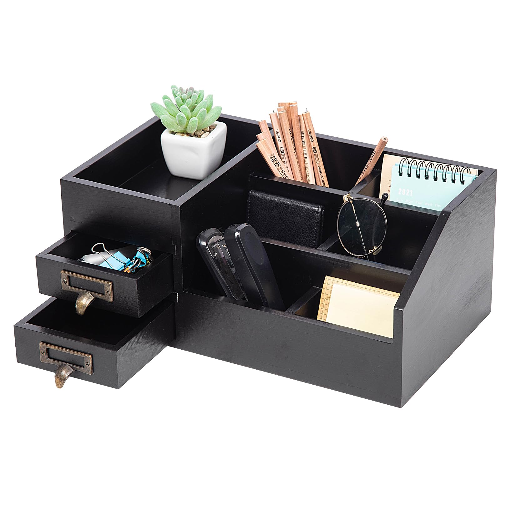 Distressed Rustic Wooden Office Desktop Organizer - 2-Tier Drawer Shelf with Multiple Compartments | Jewelry Storage Display Box for Desk, Vanity & Home Decor | Perfect for Organizing Office Supplies, Cosmetics & Small Accessories (Black)