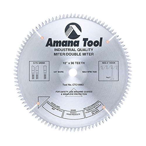 Amana Tool CTC10963 10-Inch Carbide Tipped Miter Saw Blade with California TC Grind, 96 Teeth, -5° Hook Angle - Perfect for Woodworking, Cabinetry, and Precision Cutting Projects