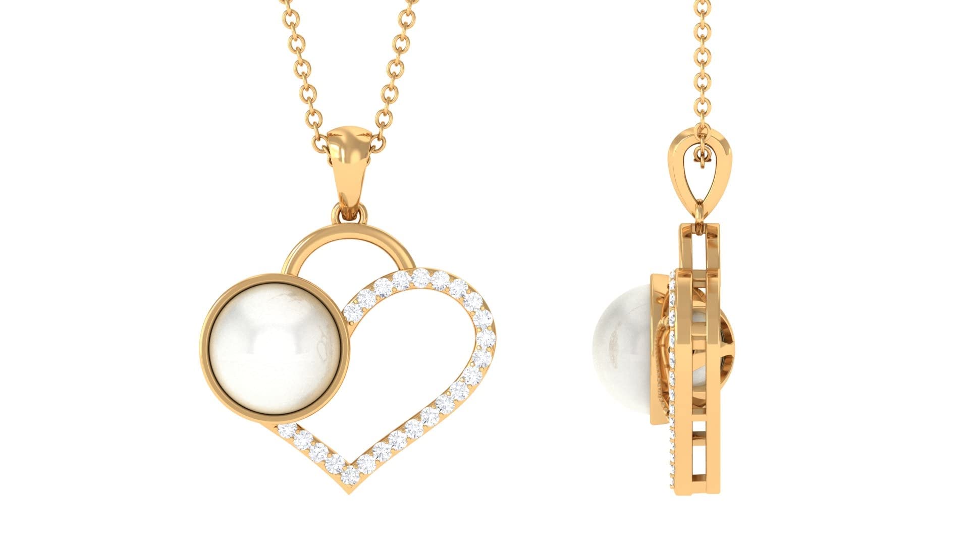 Heart-Shaped Freshwater Pearl and Diamond Pendant Necklace - 14K Solid Gold Bezel-Set Jewelry for Women - Perfect for Valentine's Day, Anniversary & Romantic Gifts