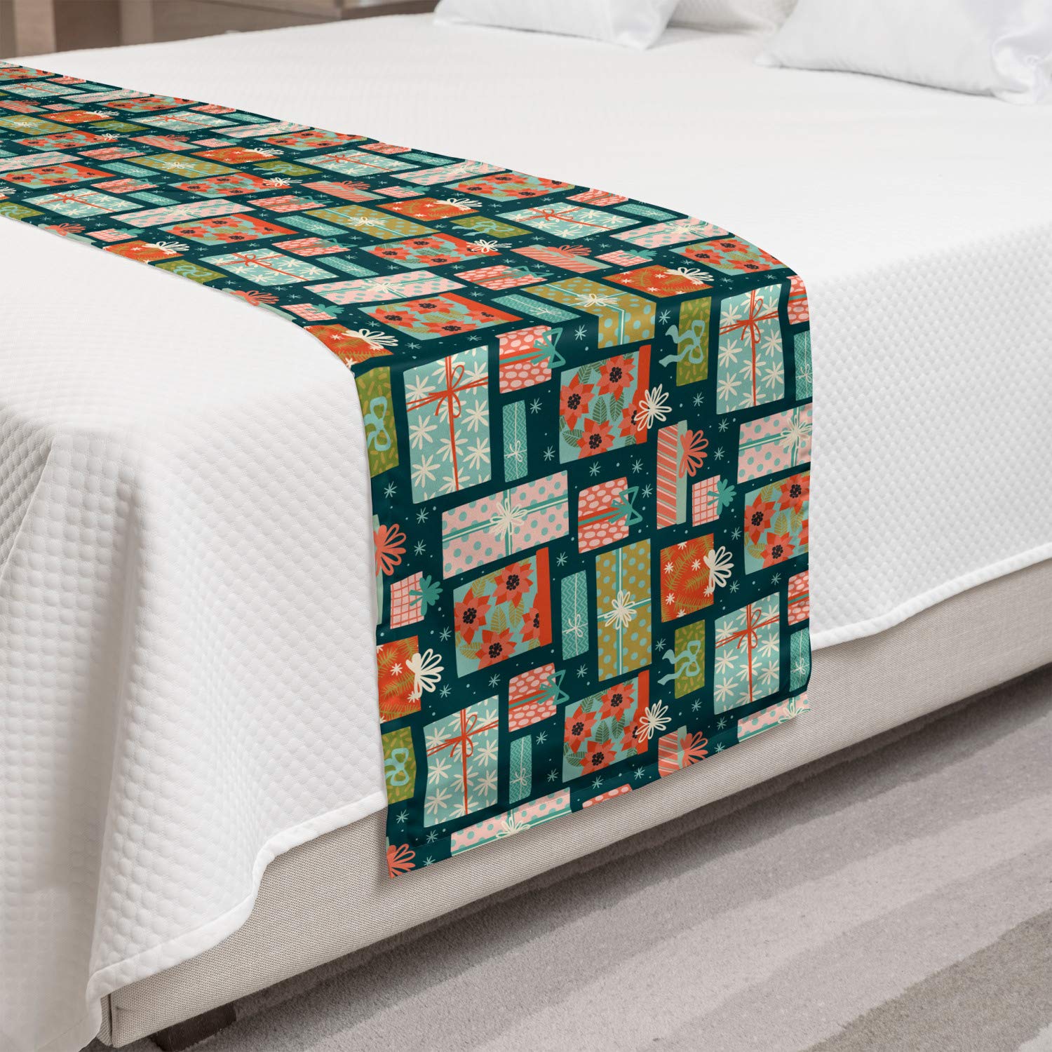 Ambesonne Christmas Bed Runner - Colorful Holiday Present Boxes with Flowers Design, Decorative Rectangular Bed Scarf for Hotels, Homes & Guestrooms | Perfect for Festive Bedroom Decor, Holiday Parties & Cozy Winter Styling
