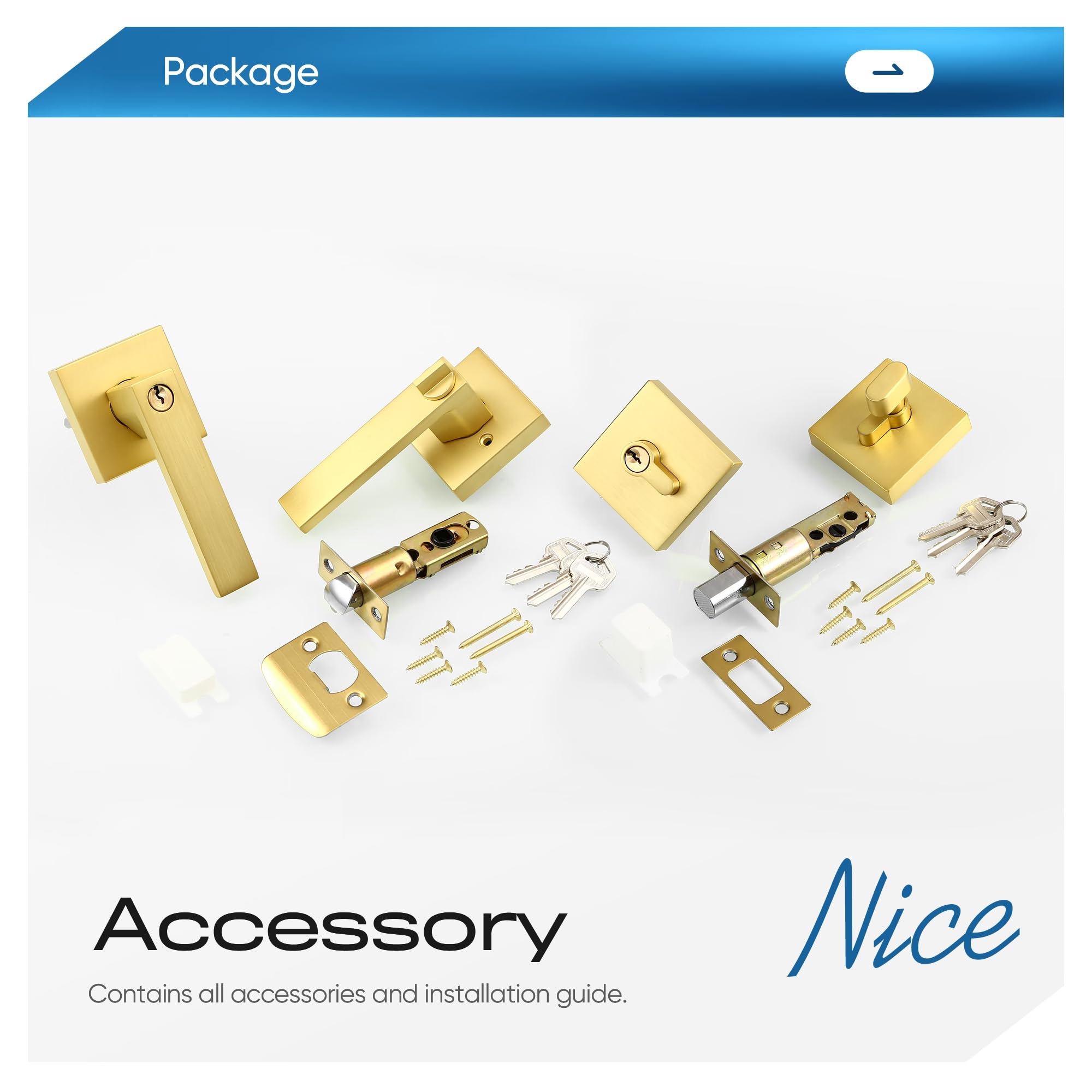 Leydebong 4-Pack Heavy Duty Front Door Handle & Deadbolt Set - Single Cylinder Keyed Alike Lever Door Handle for Office & Entrance Doors (Gold Finish) - Perfect for Home Security & Commercial Buildings