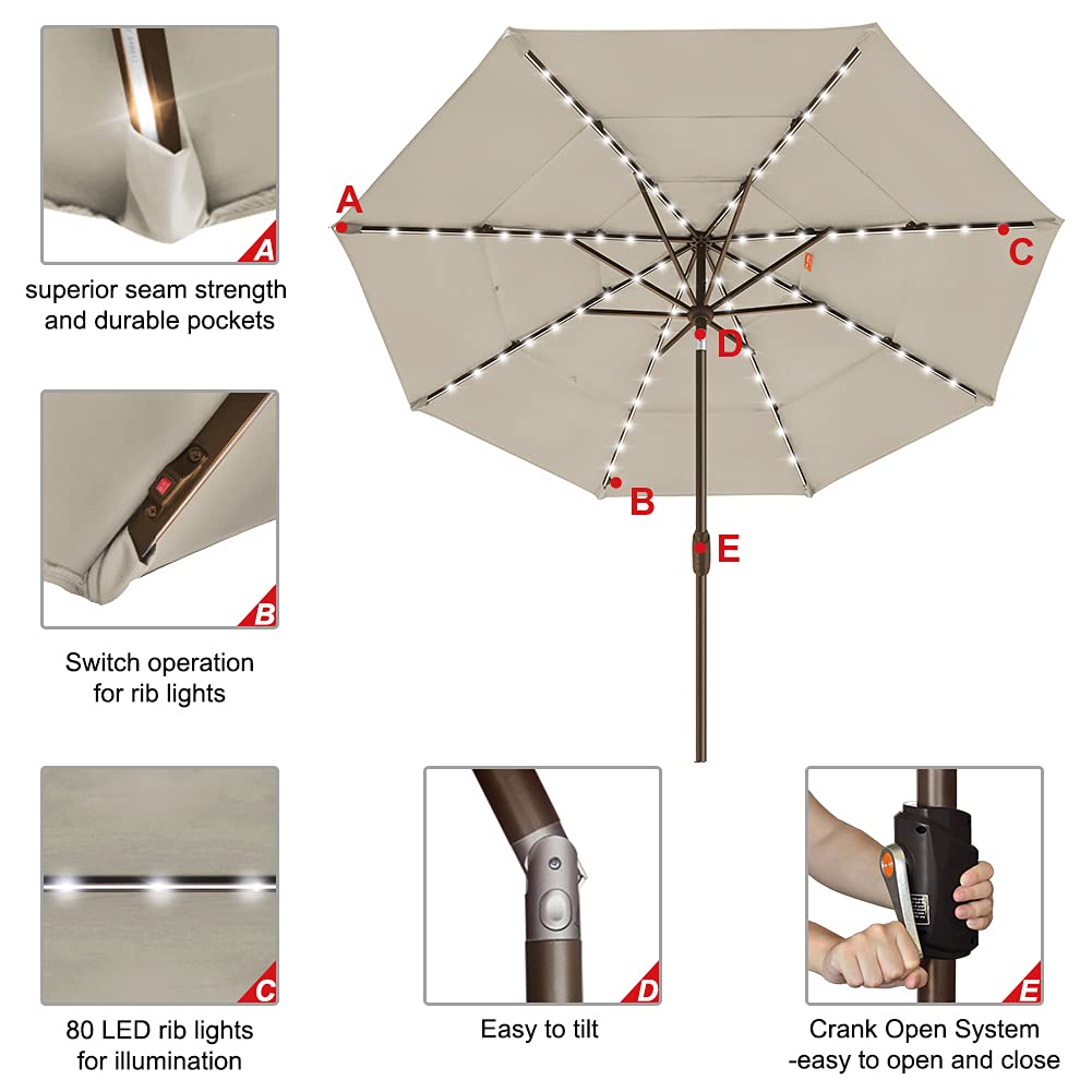 EliteShade USA 10-Year Fade-Resistant Solar-Powered 9ft 3-Tier Patio Umbrella with 80 LED Lights - Ventilated Outdoor Market Umbrella in Antique Beige - Perfect for Backyard, Poolside, and Restaurant Outdoor Dining