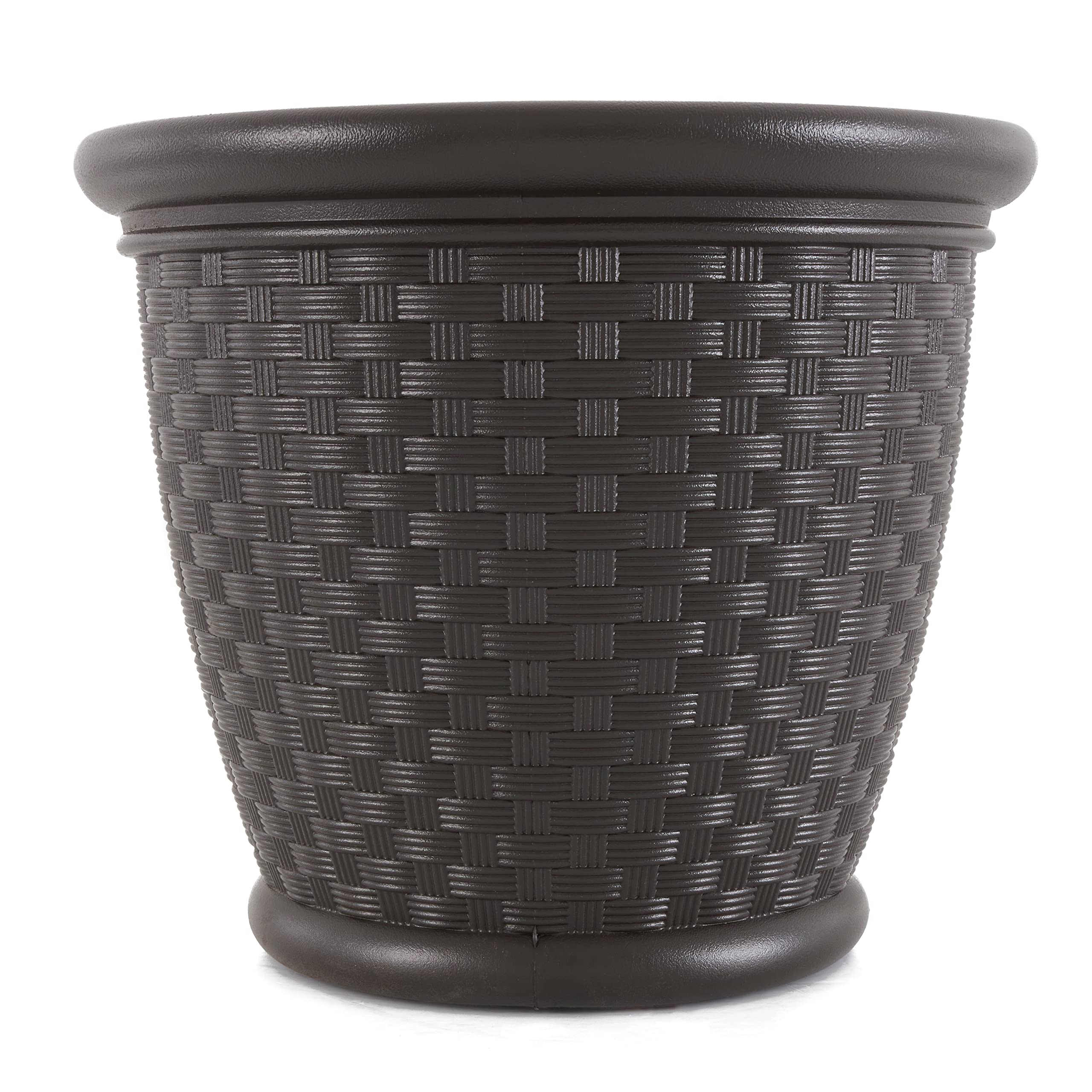 Suncast Sonora 18 Inch Brown Plastic Wicker Decorative Garden Flower Planter Pots - 4 Pack for Indoor Outdoor Use in Backyard, Patio, Balcony & Home Decor