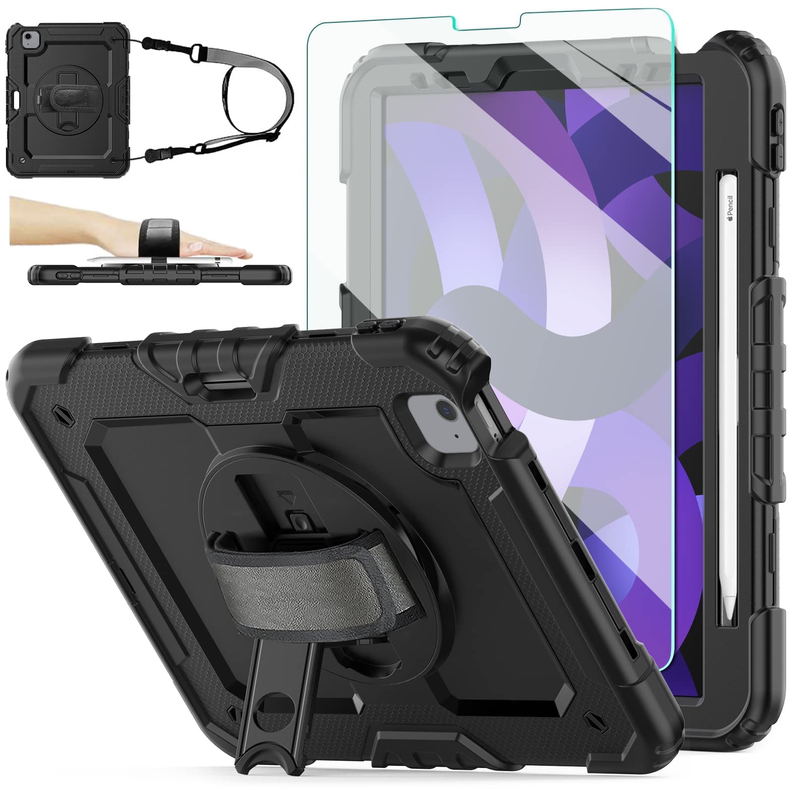 iPad Air 5/4 (10.9-inch 2022/2020) & iPad Pro 11 (2021/2020/2018) Protective Case - Shockproof Full Body Cover with 9H Tempered Glass Screen Protector, 360° Rotatable Kickstand & Hand Strap - Perfect for Kids, Travel, and Daily Use (Black)