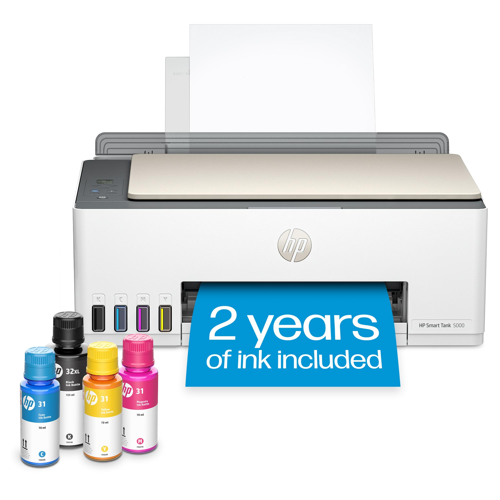 HP Smart-Tank 5000 Wireless All-in-One Ink-Tank Printer - 2 Years of Ink Included, Mobile Print, Scan & Copy - White (17.11 x 14.23 x 6.19 inches) - Perfect for Home Office & Small Business Printing Needs