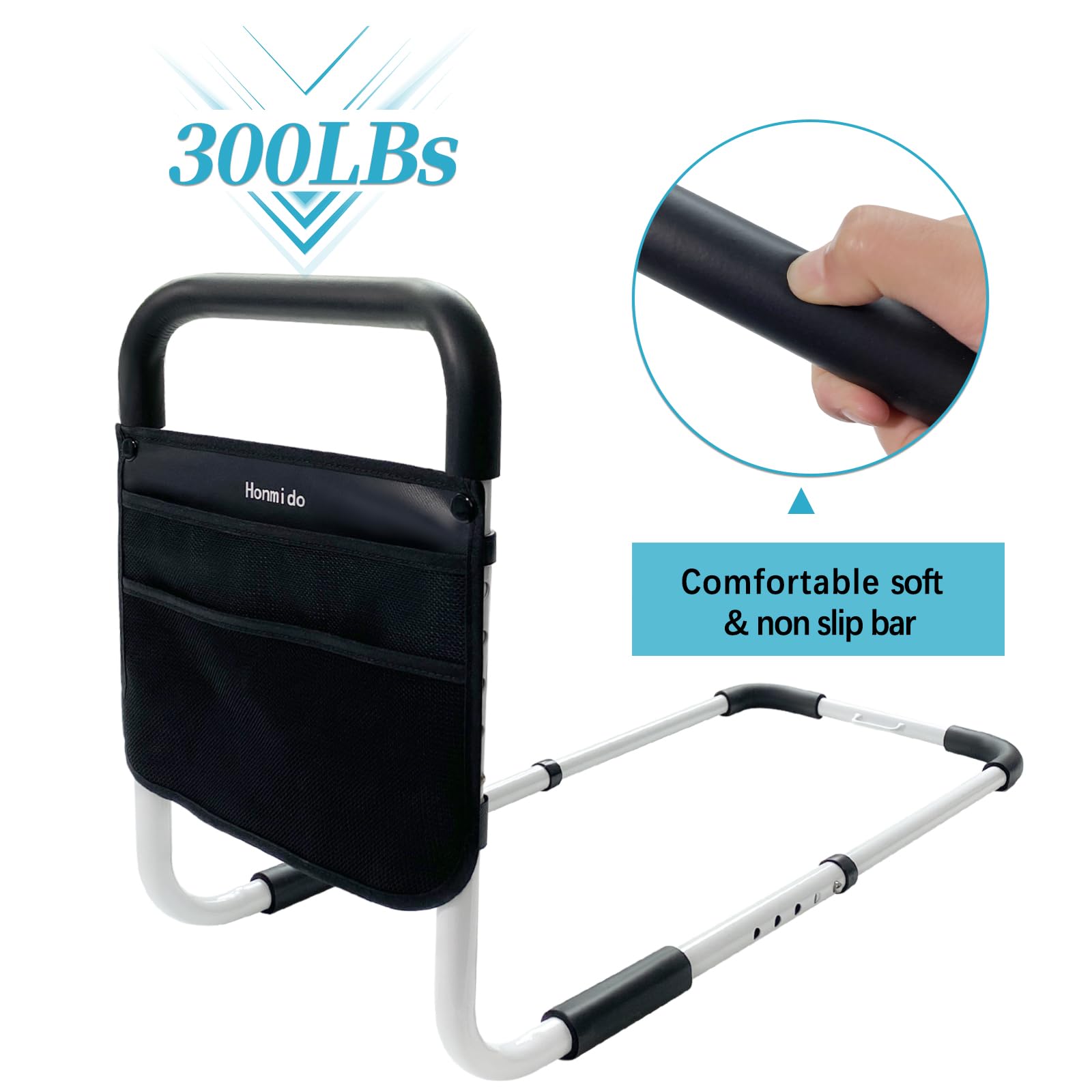 Adjustable Bed Safety Rails for Elderly - Anti-Fall Bed Assist Grab Bar with Storage Pocket - Fits King, Queen, Full & Twin Beds (White) - Ideal for Senior Home Care & Fall Prevention