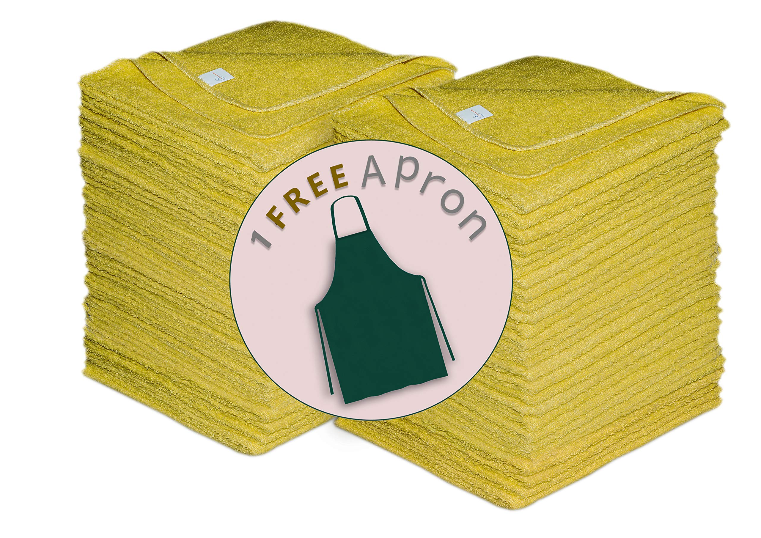 Soft Cotton Washcloths 11x11 Inches (50 Pack) - 100% Rich Cotton Bath Towels with Free Apron, Yellow Cleaning Rags for Bathroom, Kitchen & Spa | Gentle Face & Body Towels for Sensitive Skin