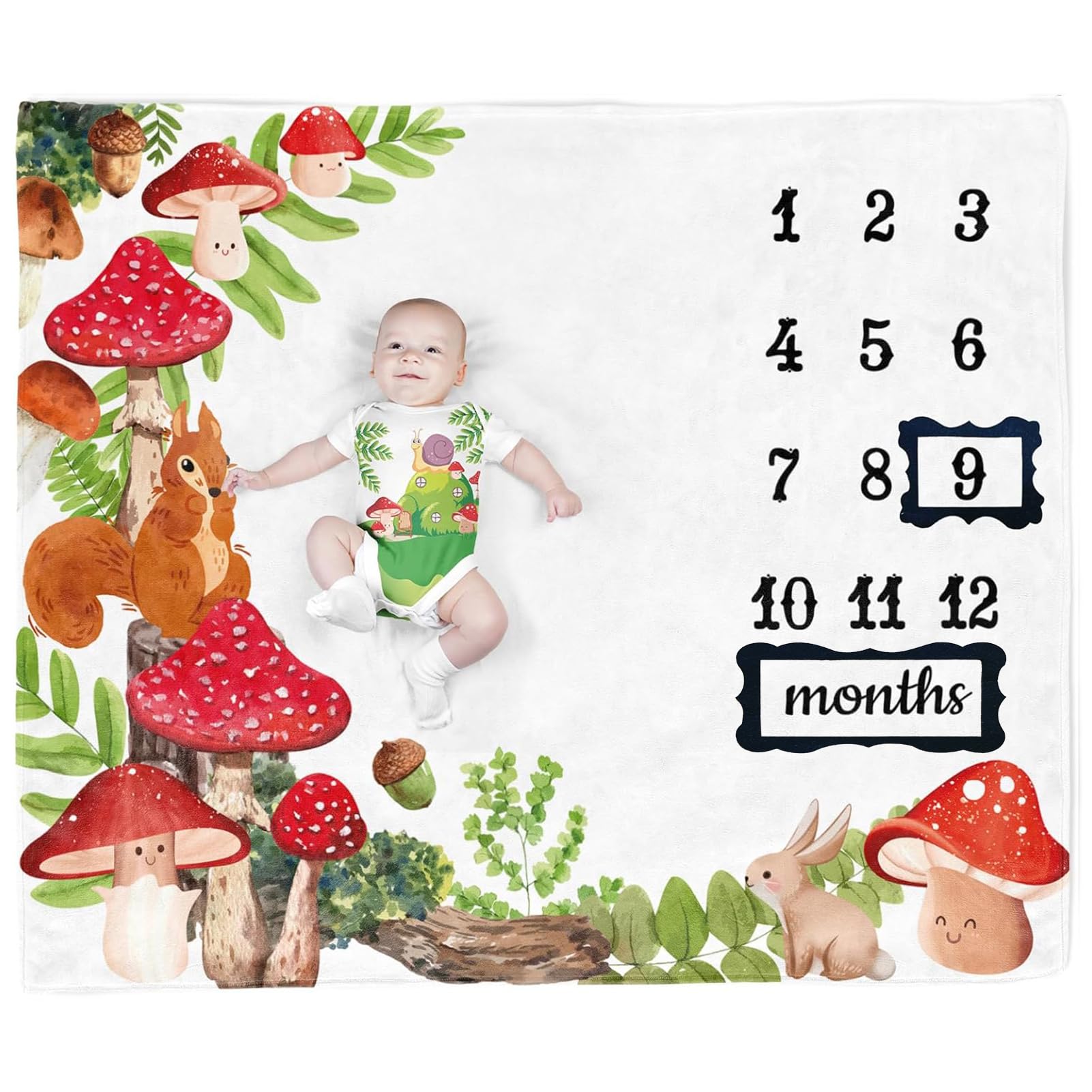 Woodland Baby Milestone Blanket with Mushroom & Squirrel Design - Newborn Photo Prop for Monthly Age Tracking - Perfect for 1-12 Month Milestone Photos, Baby Shower Gifts & Nursery Decor
