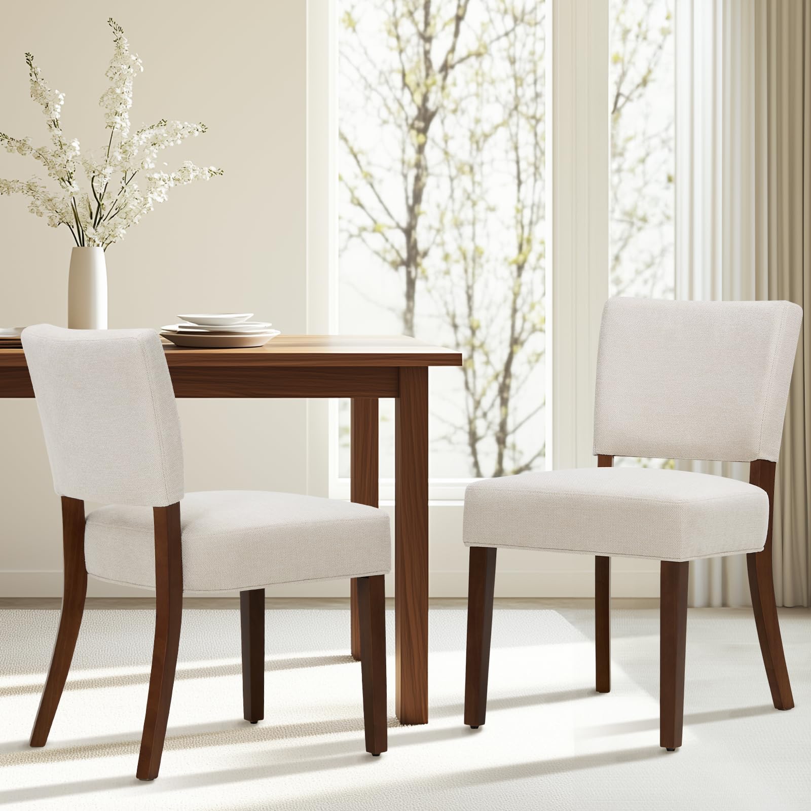 COLAMY Mid Century Modern Dining Chairs Set of 2 - Upholstered Kitchen Chairs with Open Back & Wood Legs, Farmhouse Style Beige Fabric Side Chairs for Dining Room, Kitchen, Restaurant | Perfect for Home Decor, Family Gatherings & Commercial Spaces