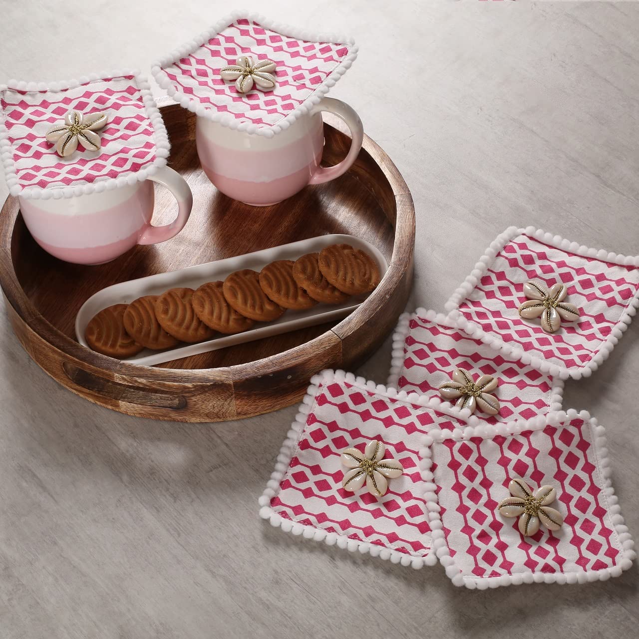Handmade Cotton Drink Coasters Set of 6 - 5x5cm Square Absorbent Coasters for Coffee, Tea, Whiskey, Wine & Beer Glasses - Pink Bar & Tabletop Protectors for Home, Office & Restaurant Use